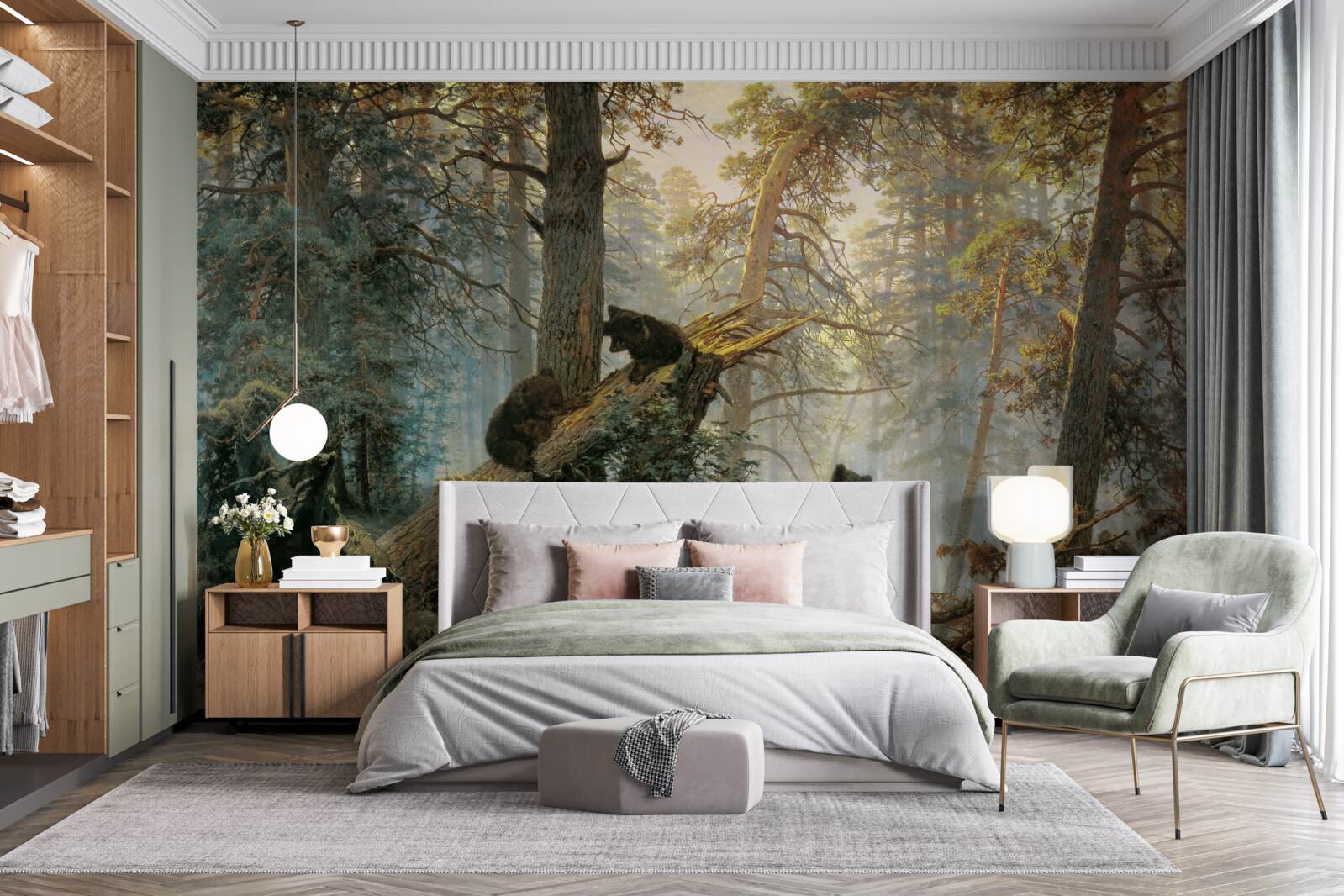 Fototapeta Svitanie v lese, kde vládnu borovice