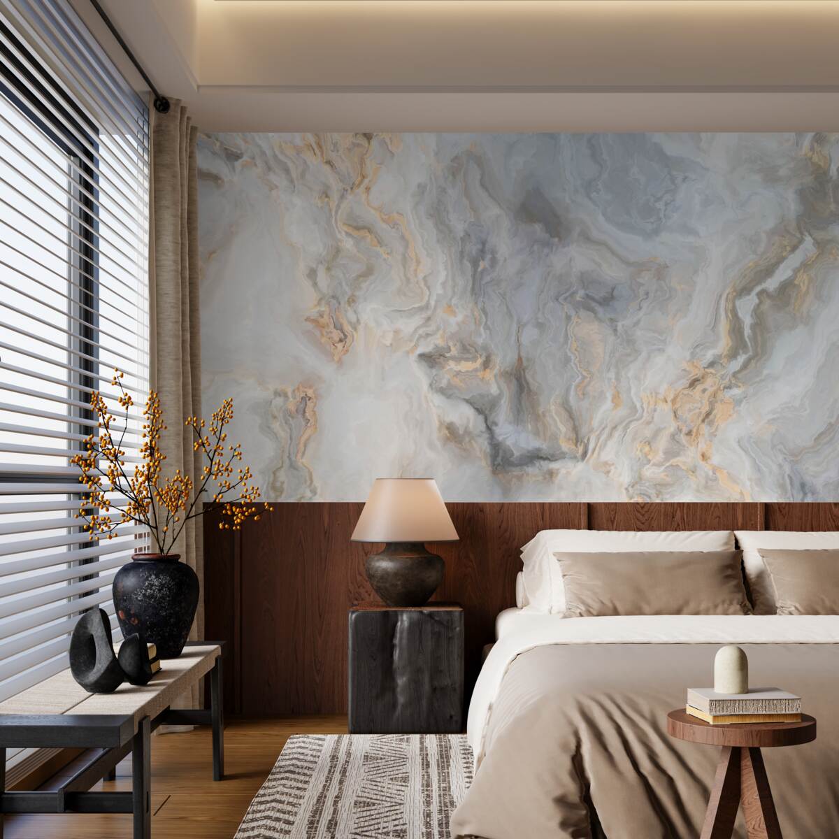 Fototapeta sivý podklad, zdobený zlatými odtieňmi