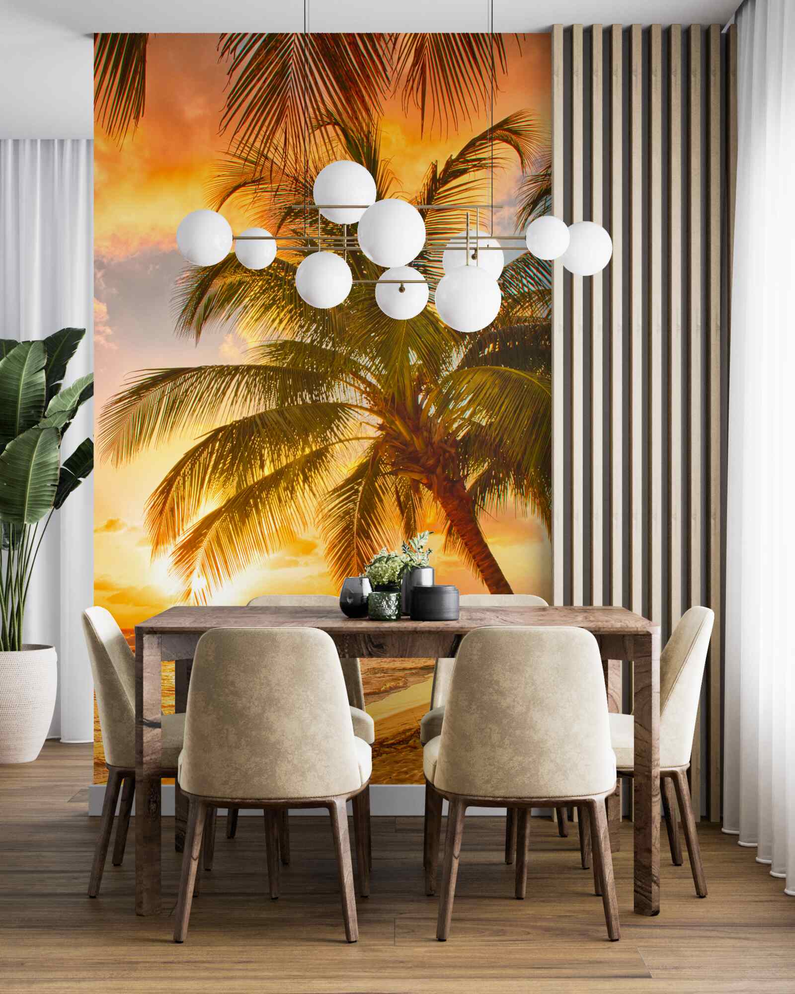 Fototapeta západ slnka osvetľuje palmu na pláži