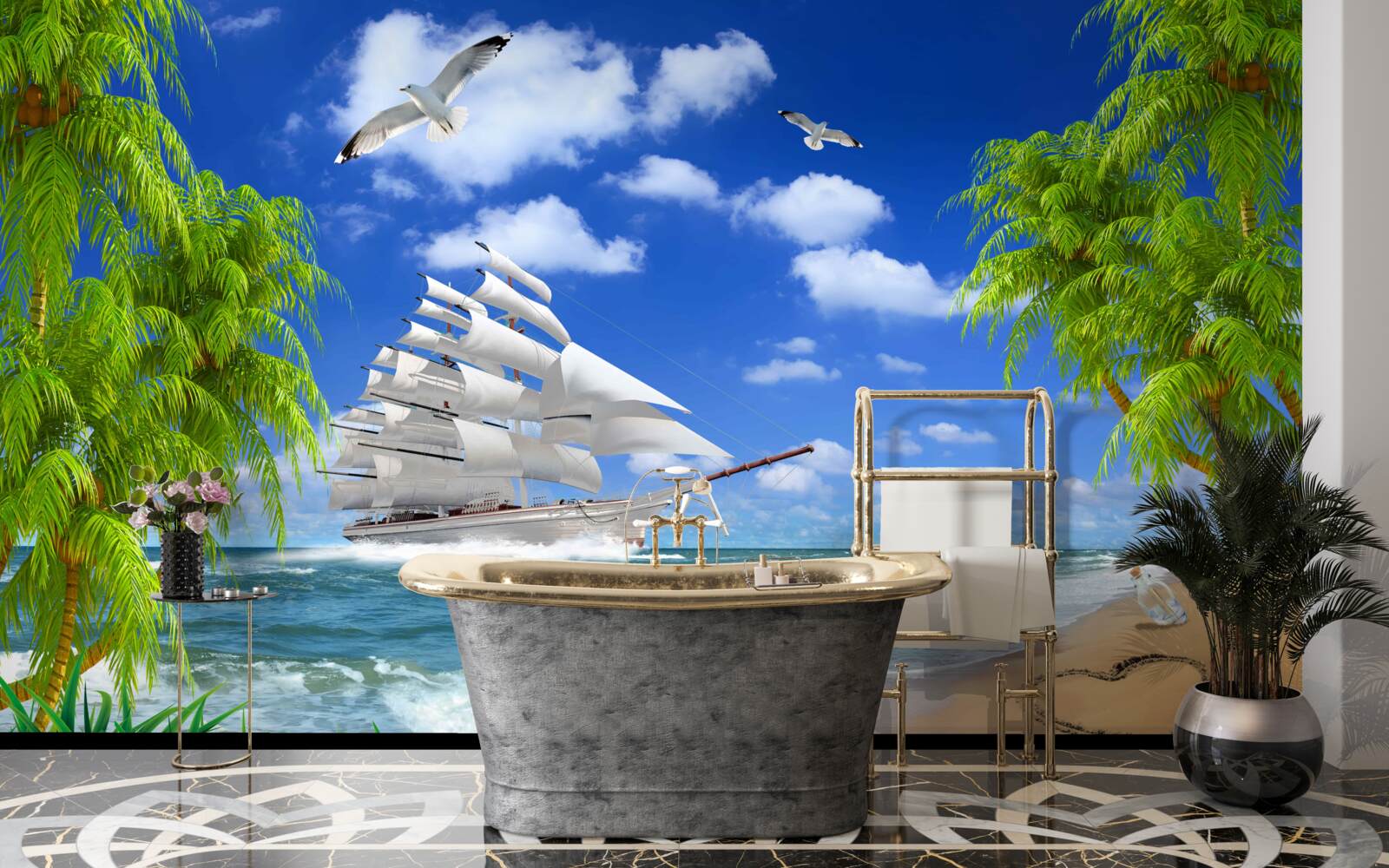 Fototapeta loď a tropické stromy