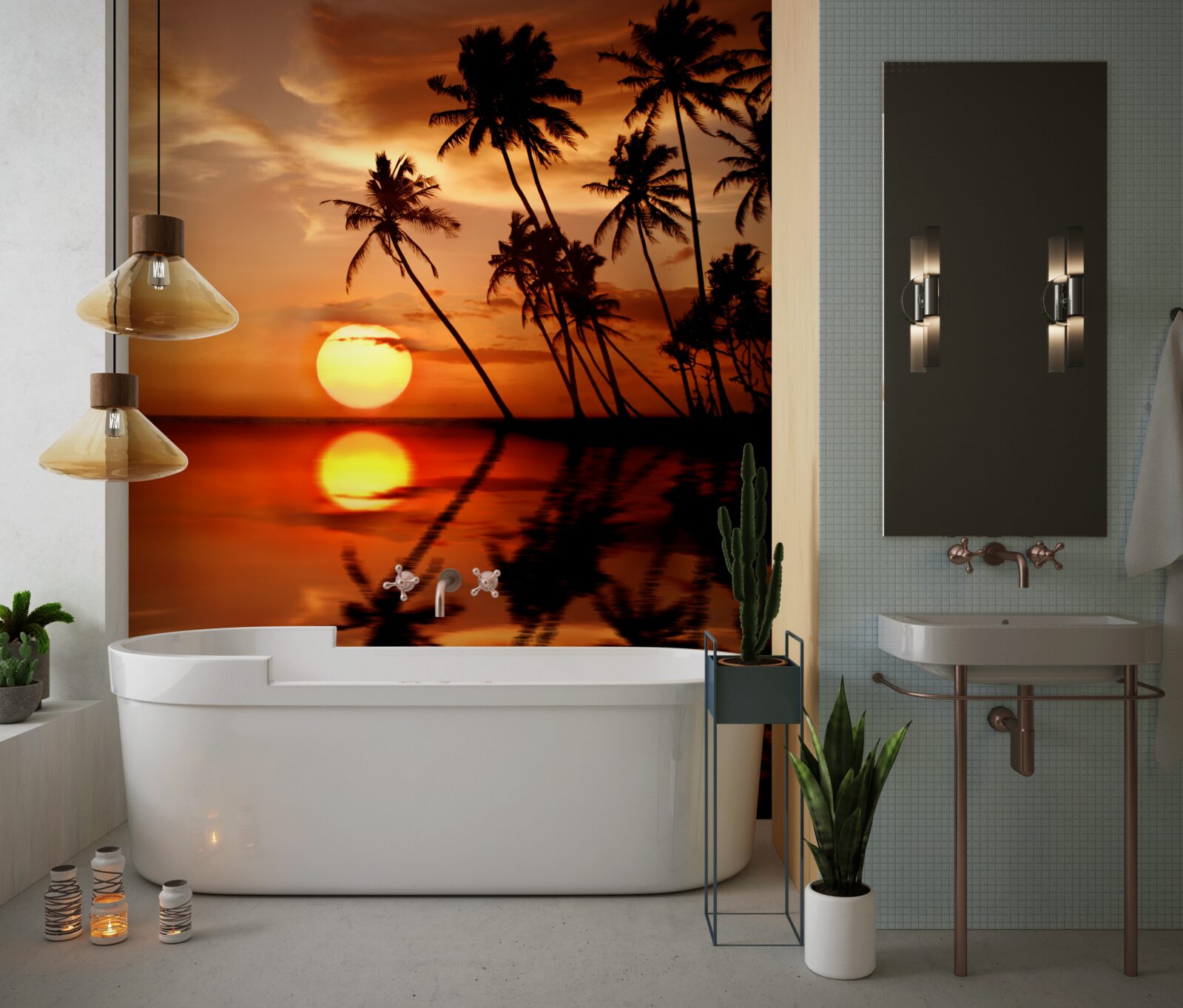 Fototapeta západ slnka na pozadí paliem