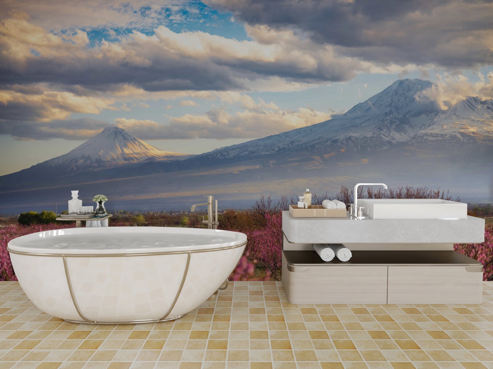 Fototapeta na úpätí hôr hrdo kvitnú čerešňové kvety