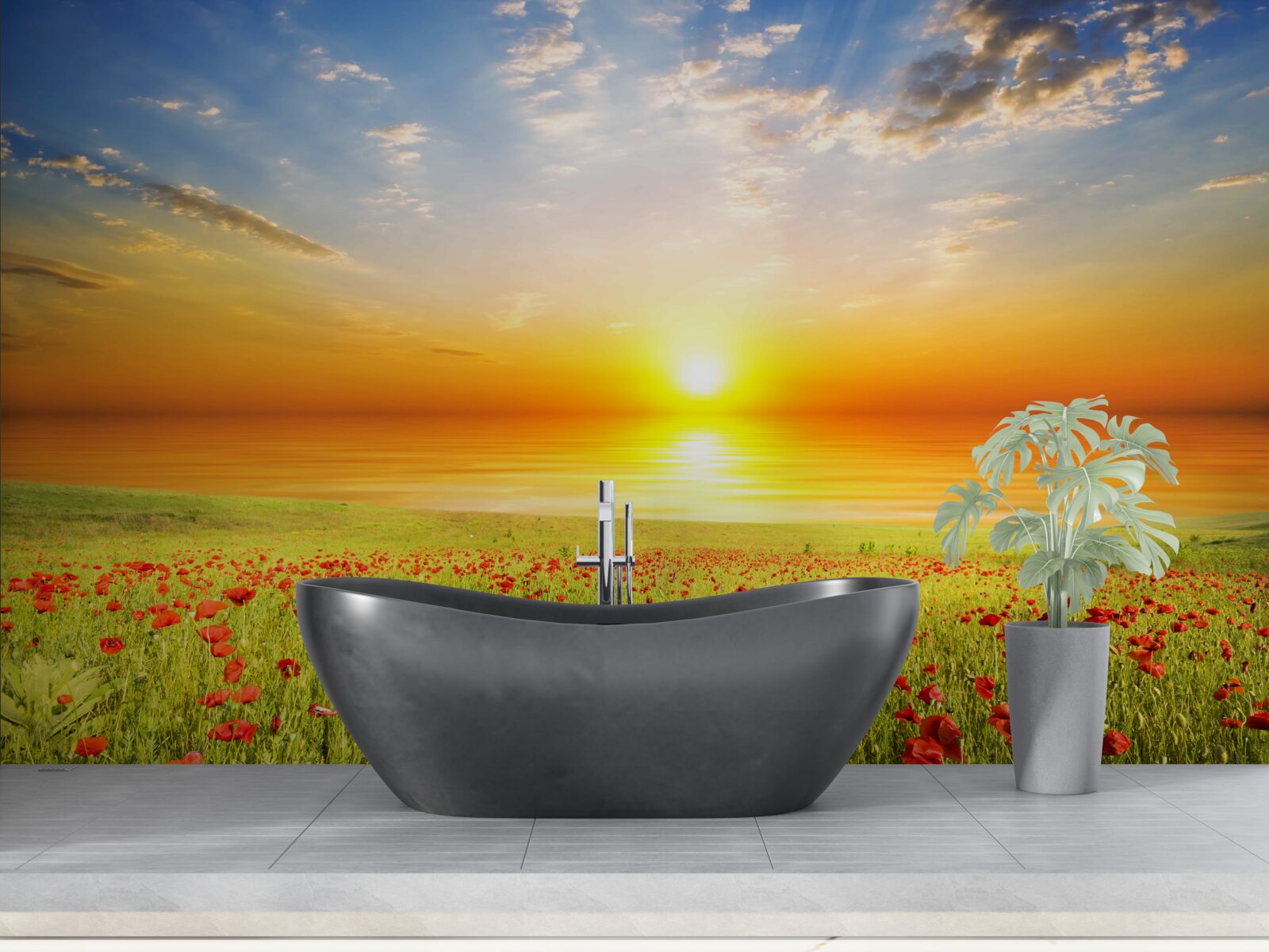 Fototapeta toto leto je západ slnka na lúke posiatej makom plný farieb