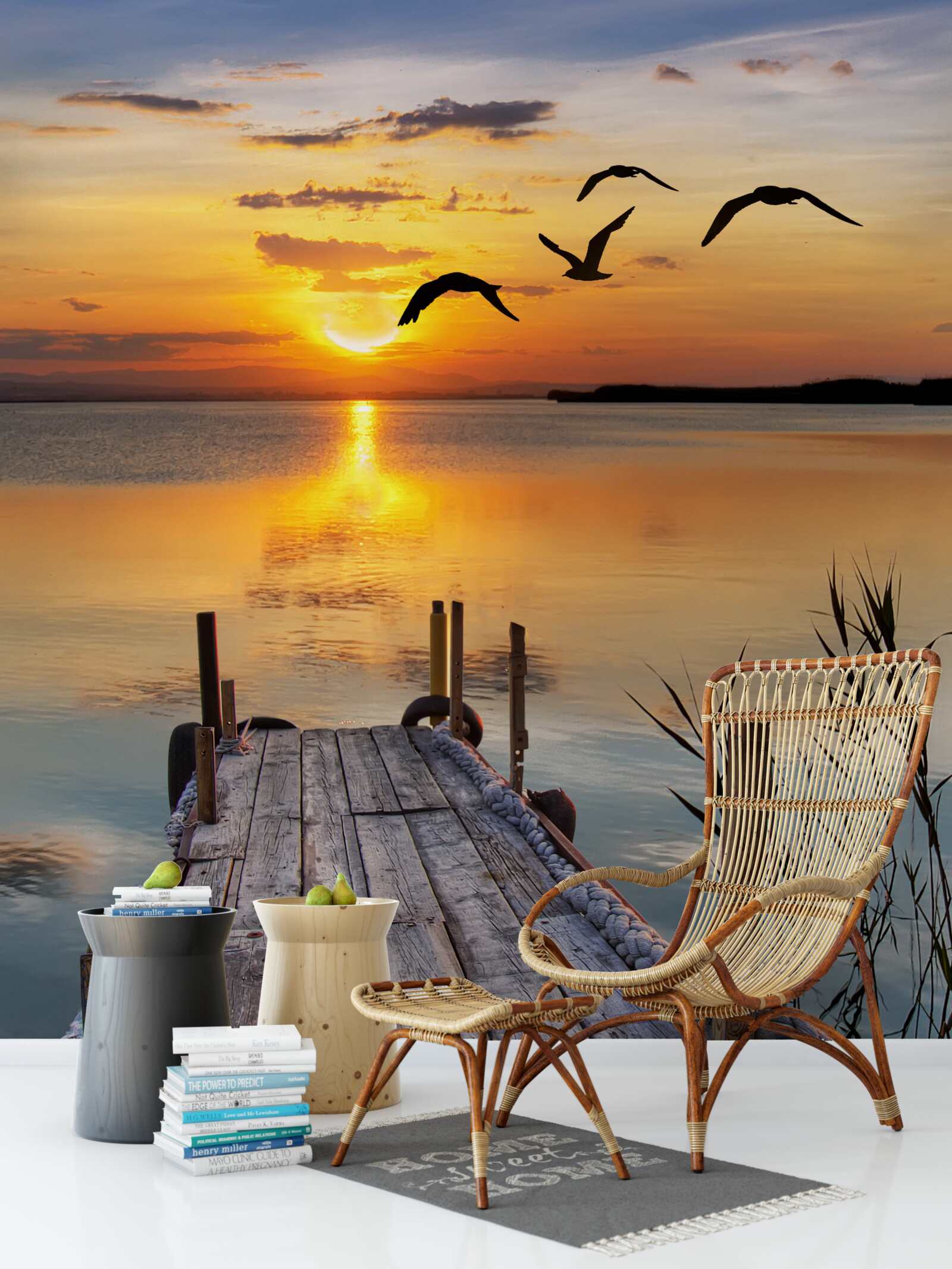 Fototapeta teplý západ slnka na moste, kde krúžia čajky