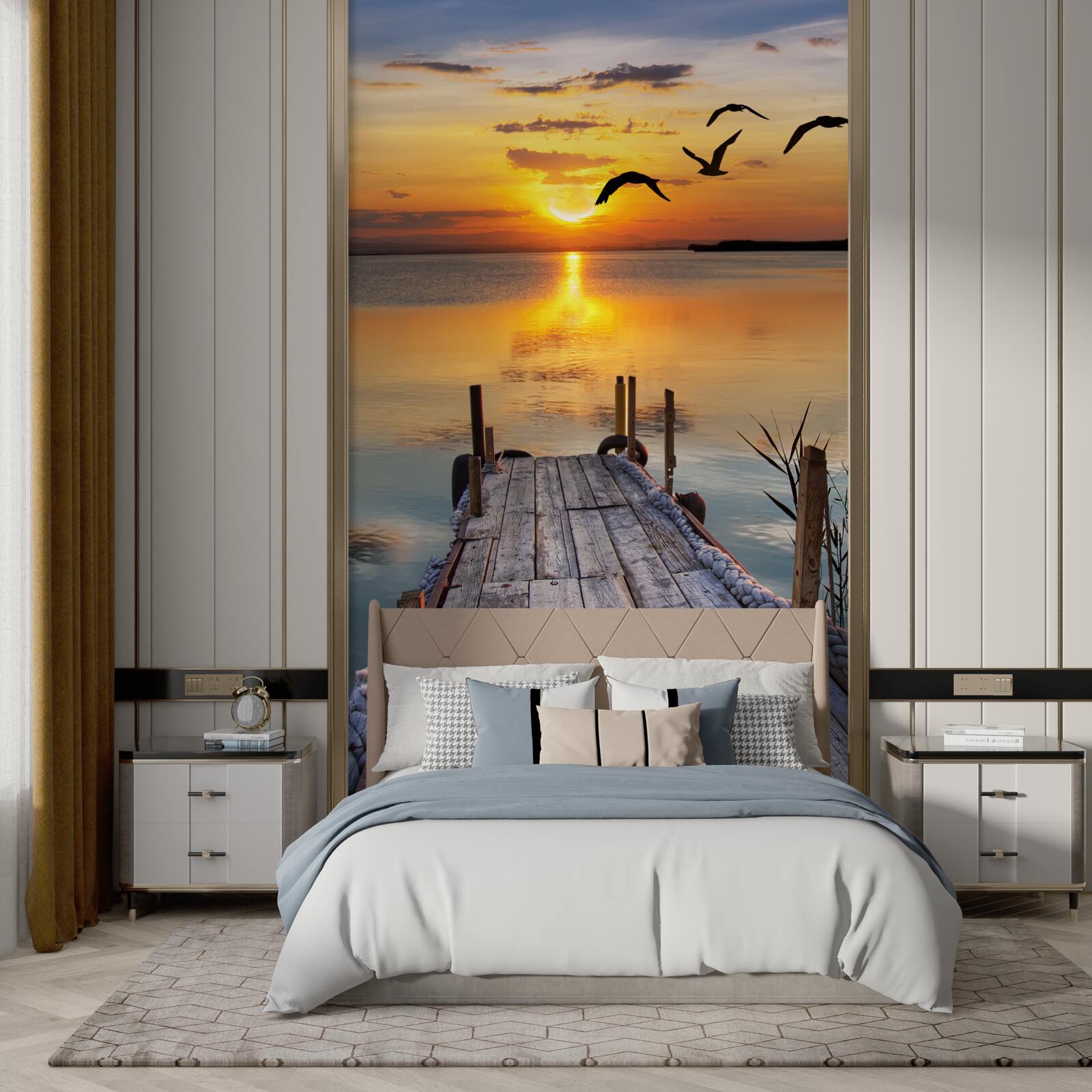 Fototapeta teplý západ slnka na moste, kde krúžia čajky