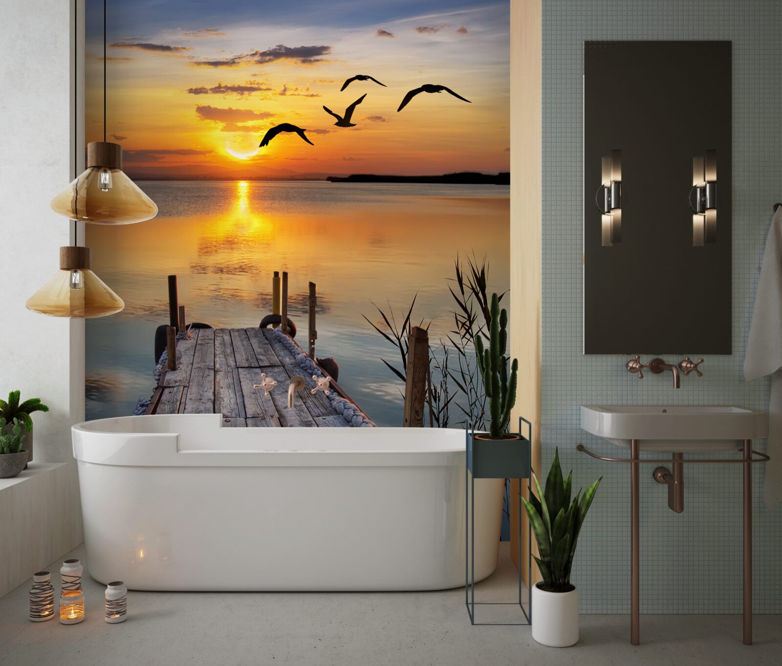 Fototapeta teplý západ slnka na moste, kde krúžia čajky