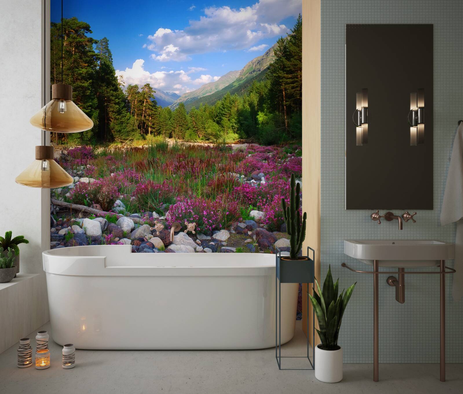 Fototapeta viacfarebné bloky a zelená borovica