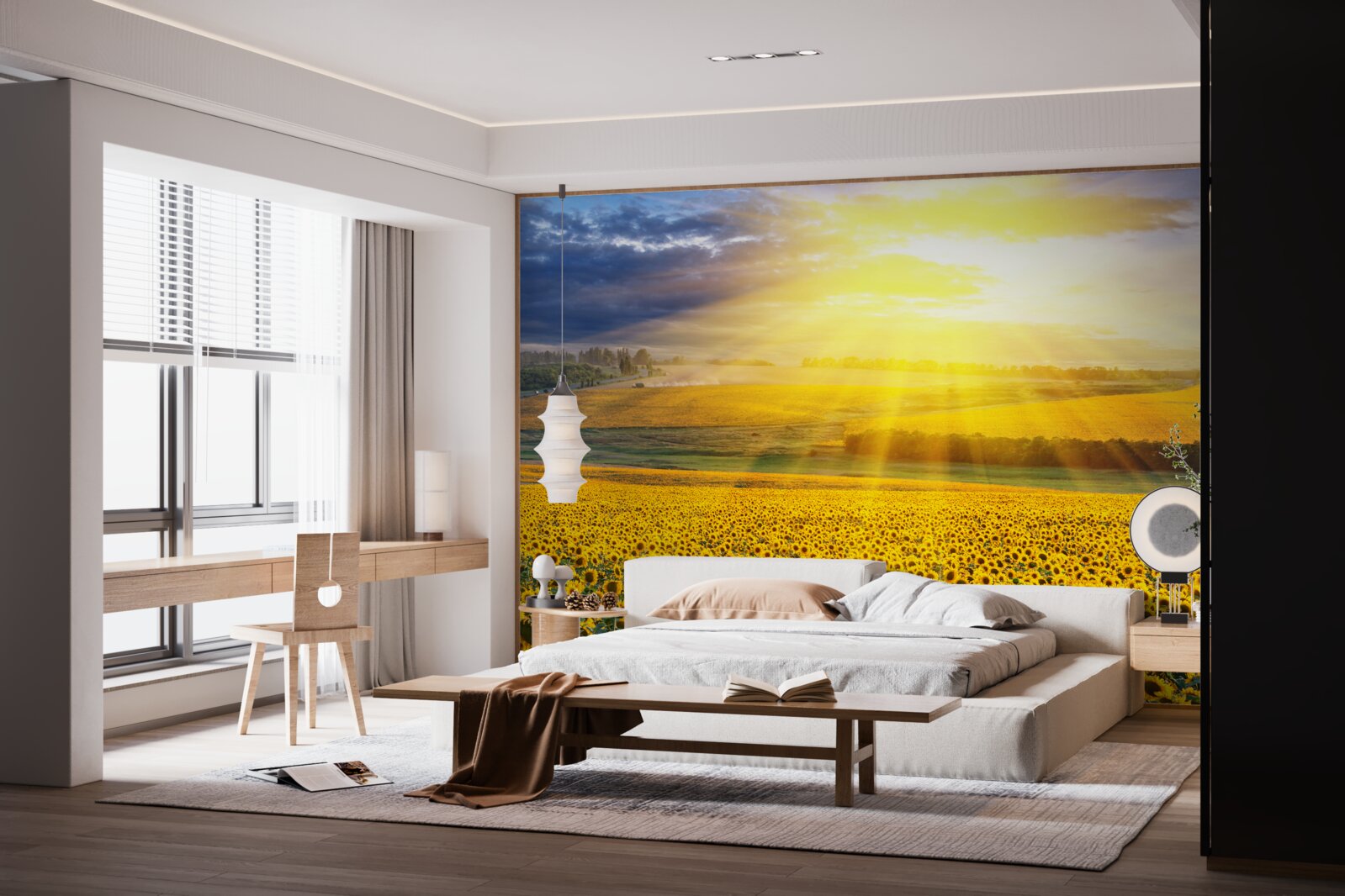 Fototapeta slnko je plné jasu nad poľom bujných slnečníc