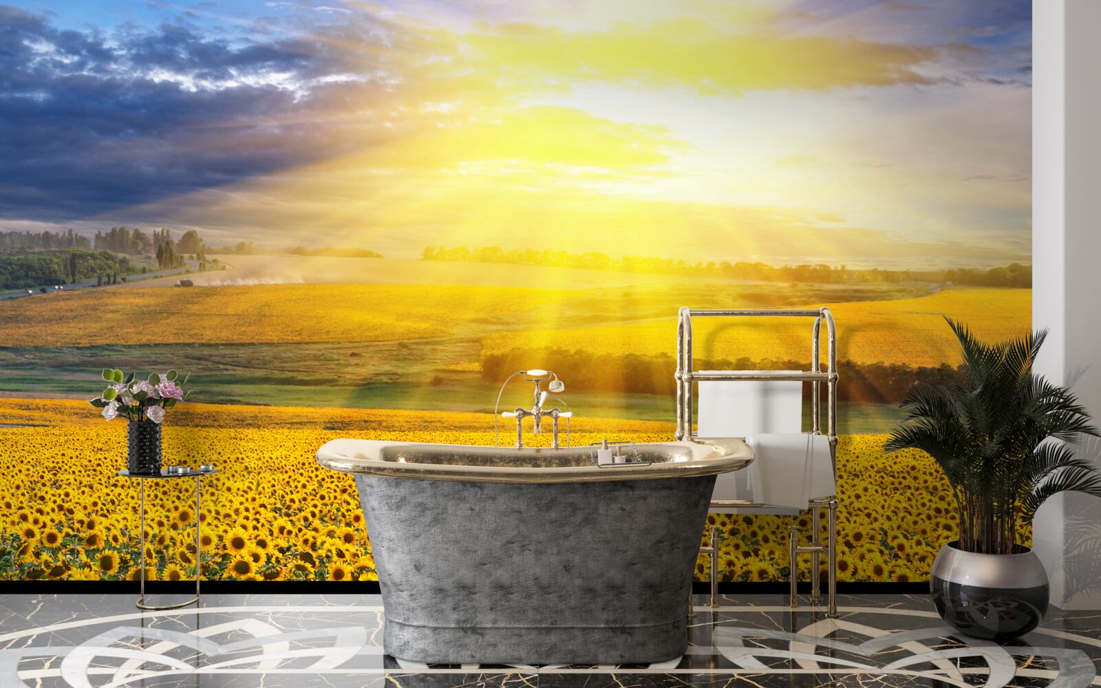 Fototapeta slnko je plné jasu nad poľom bujných slnečníc