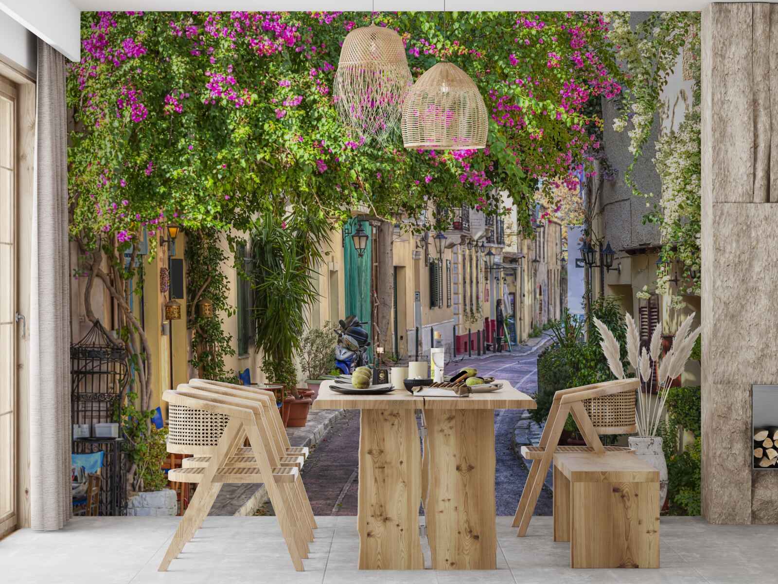 Fototapeta ulica lemovaná malebnou zeleňou umne vytvára atmosféru pohodlia