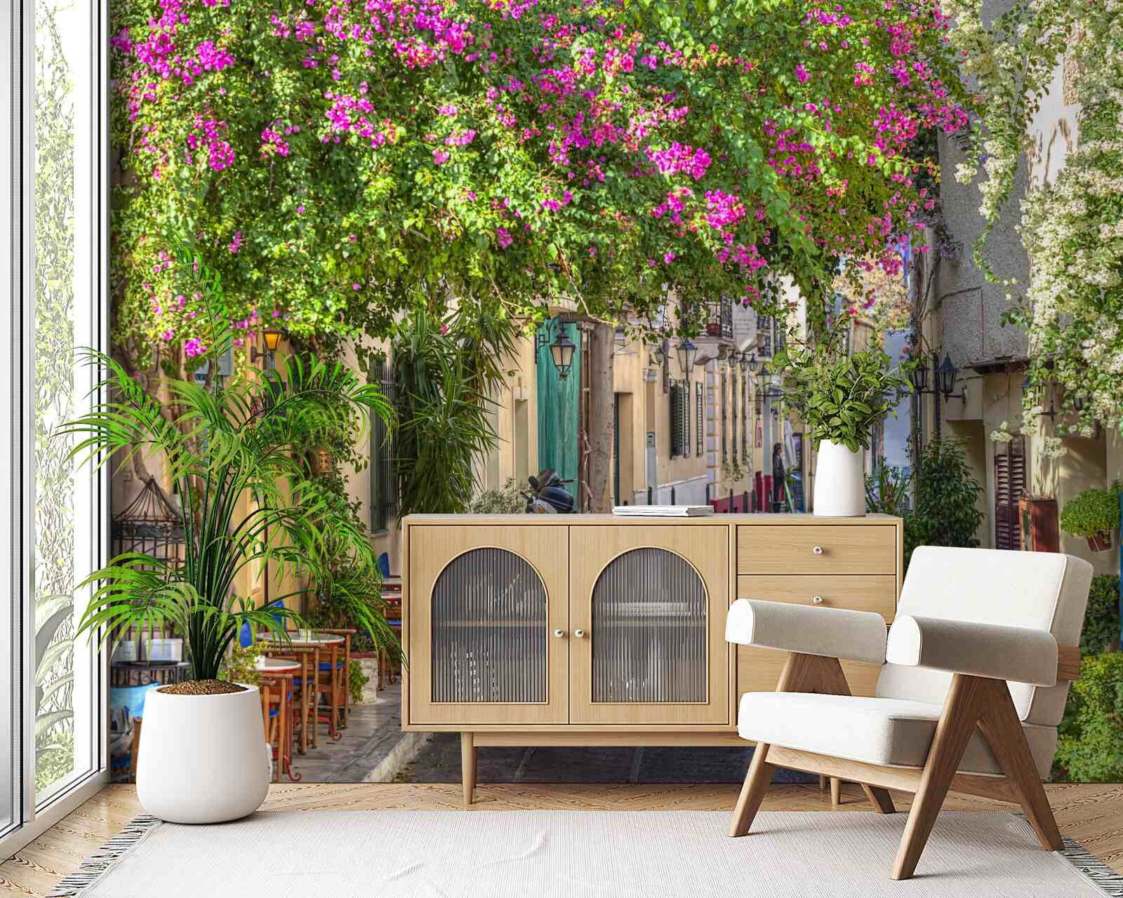 Fototapeta ulica lemovaná malebnou zeleňou umne vytvára atmosféru pohodlia