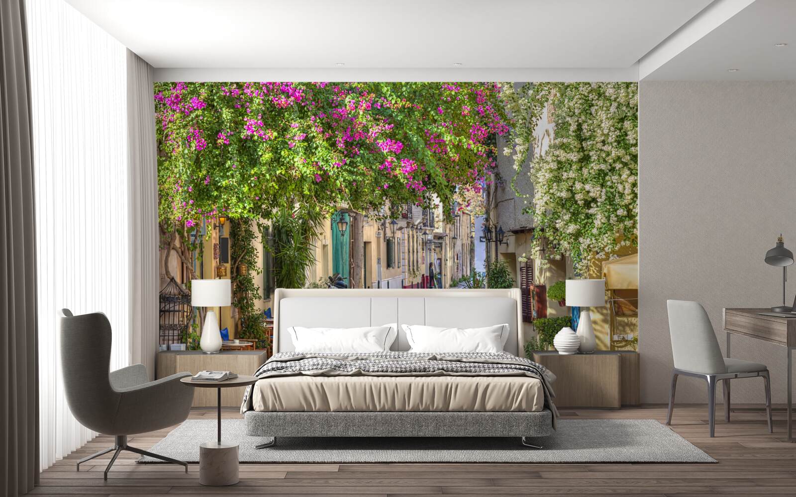 Fototapeta ulica lemovaná malebnou zeleňou umne vytvára atmosféru pohodlia