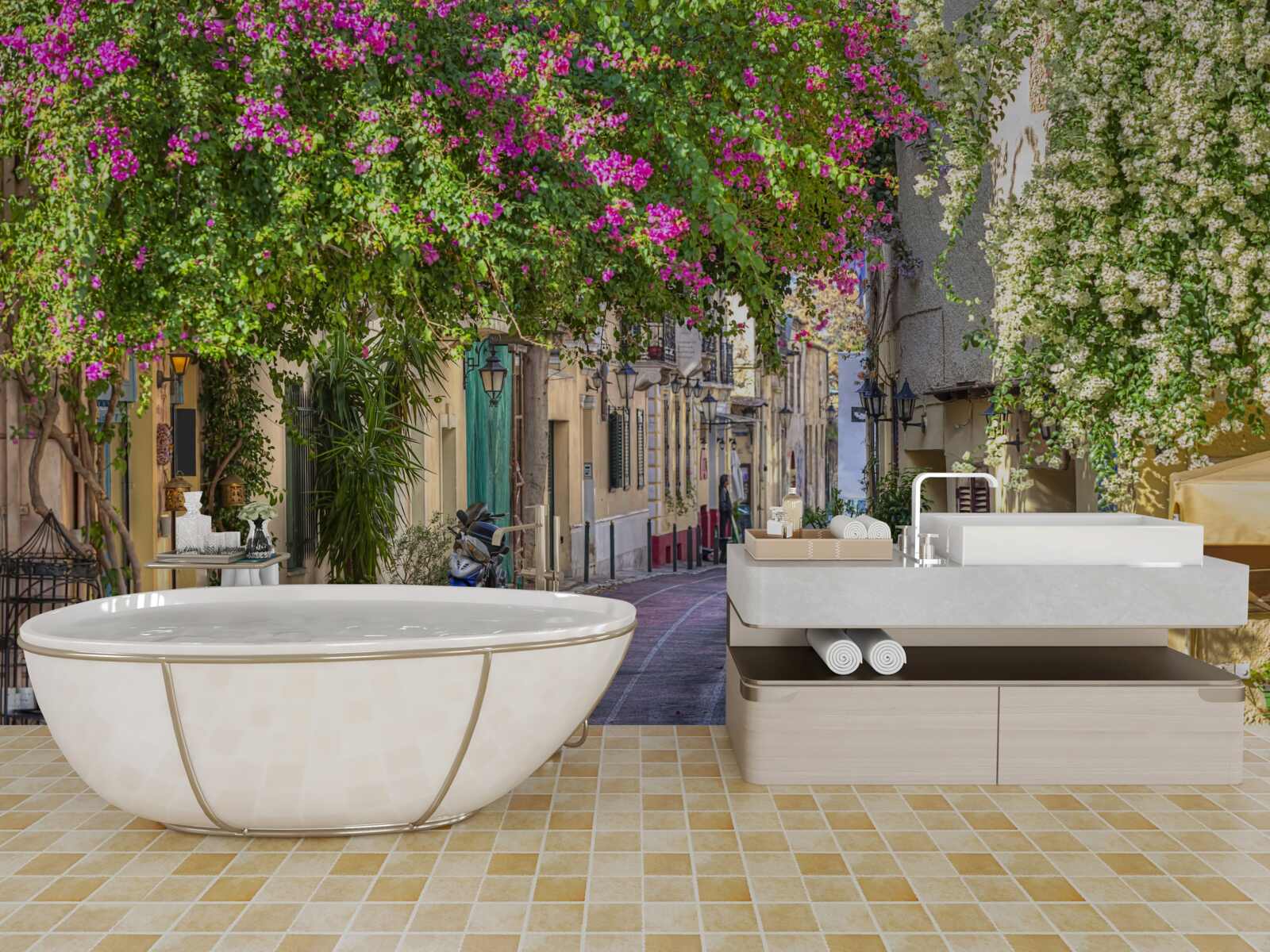 Fototapeta ulica lemovaná malebnou zeleňou umne vytvára atmosféru pohodlia