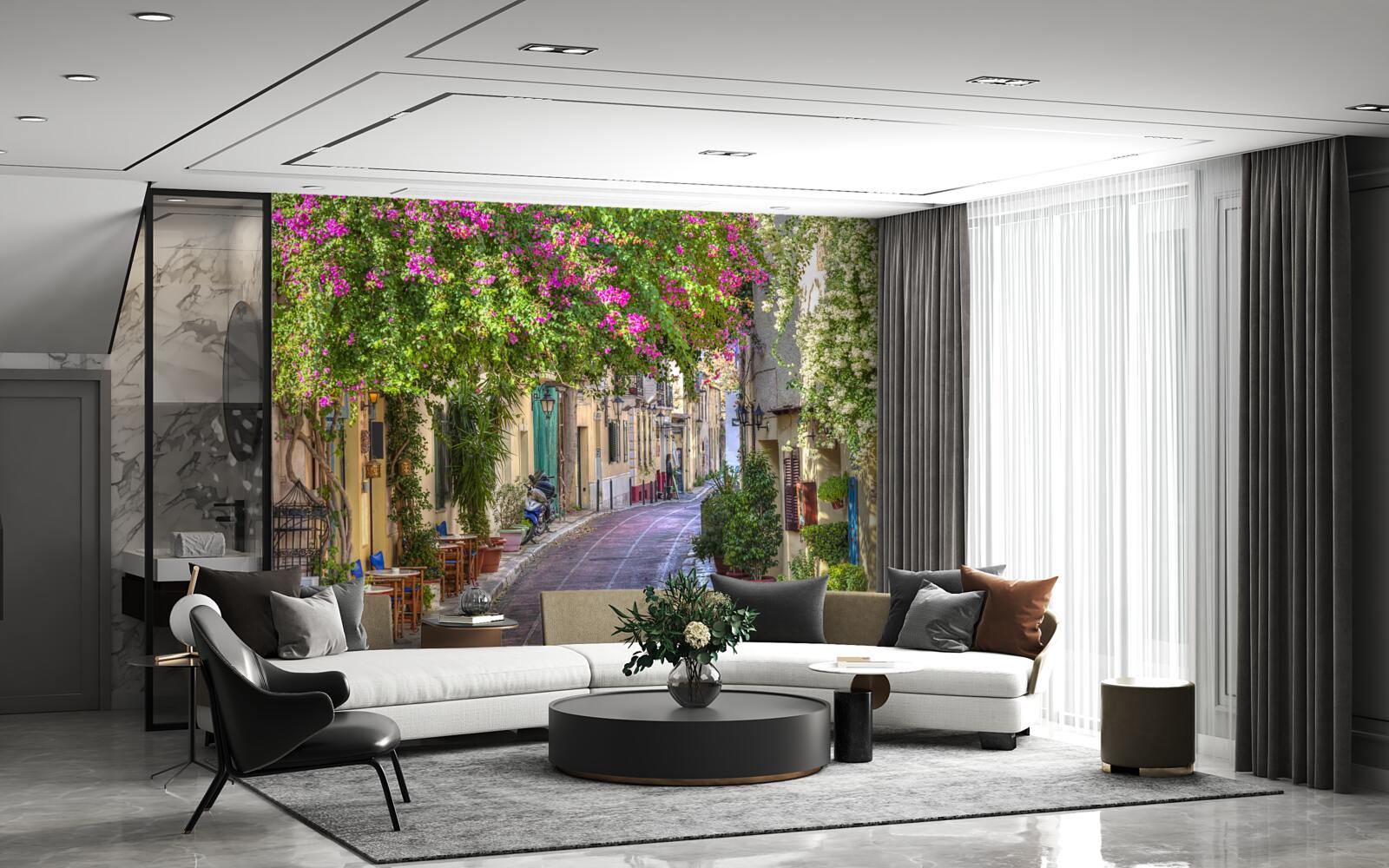 Fototapeta ulica lemovaná malebnou zeleňou umne vytvára atmosféru pohodlia