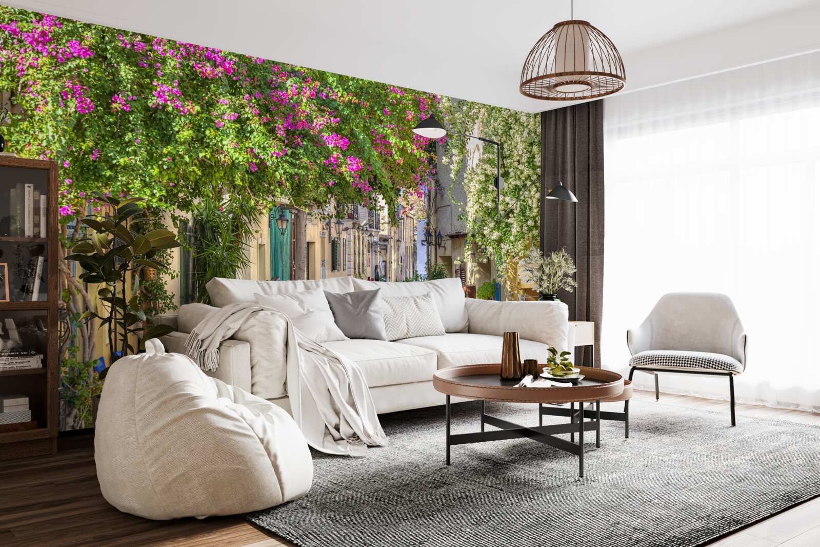 Fototapeta ulica lemovaná malebnou zeleňou umne vytvára atmosféru pohodlia