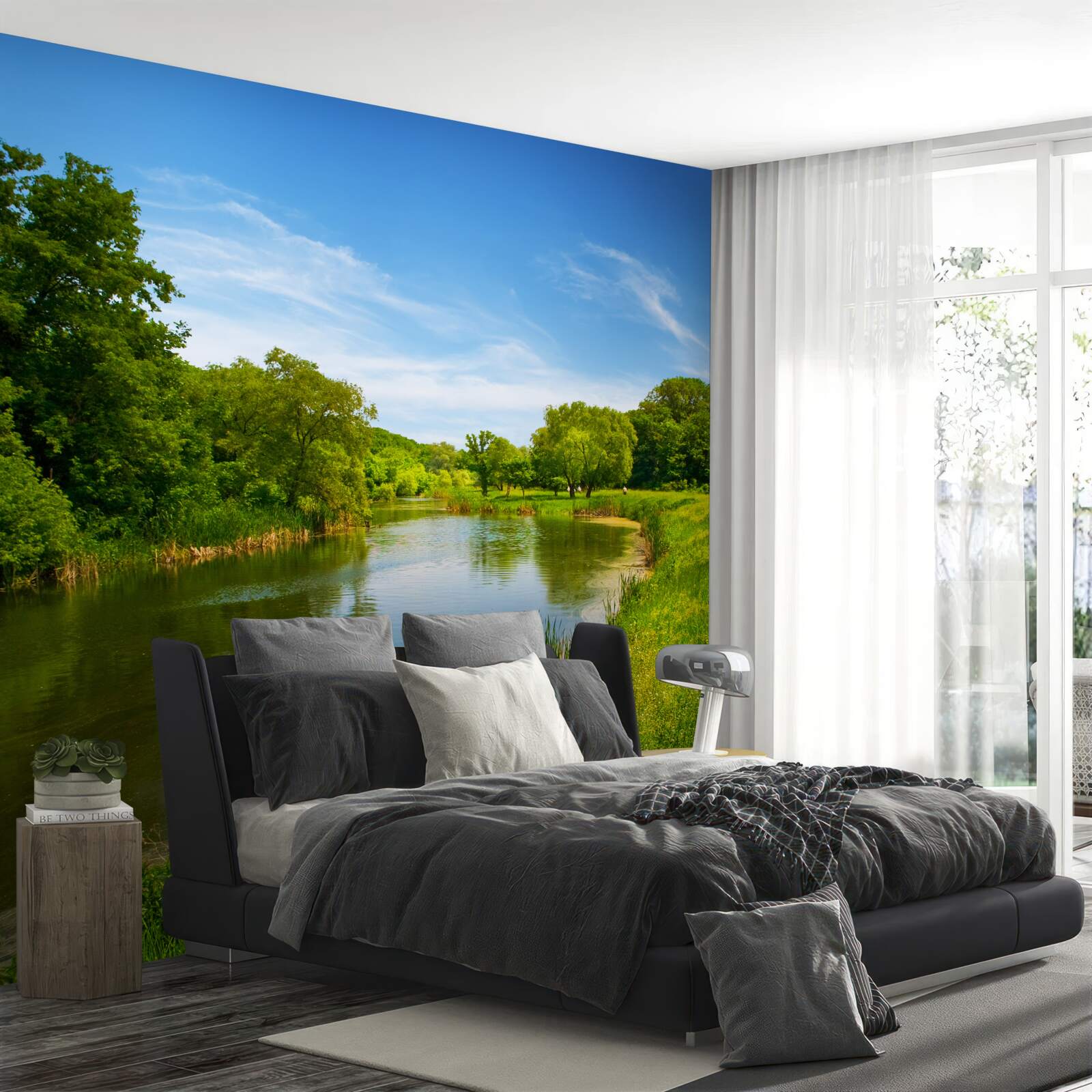 Fototapeta zelená lúka, cez ktorú preteká pokojná voda