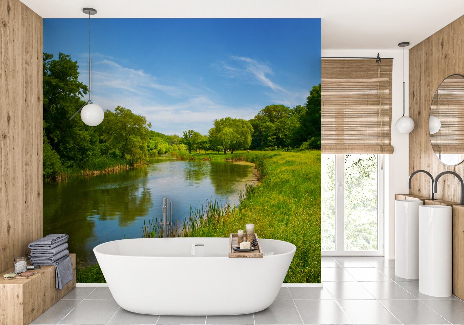 Fototapeta zelená lúka, cez ktorú preteká pokojná voda