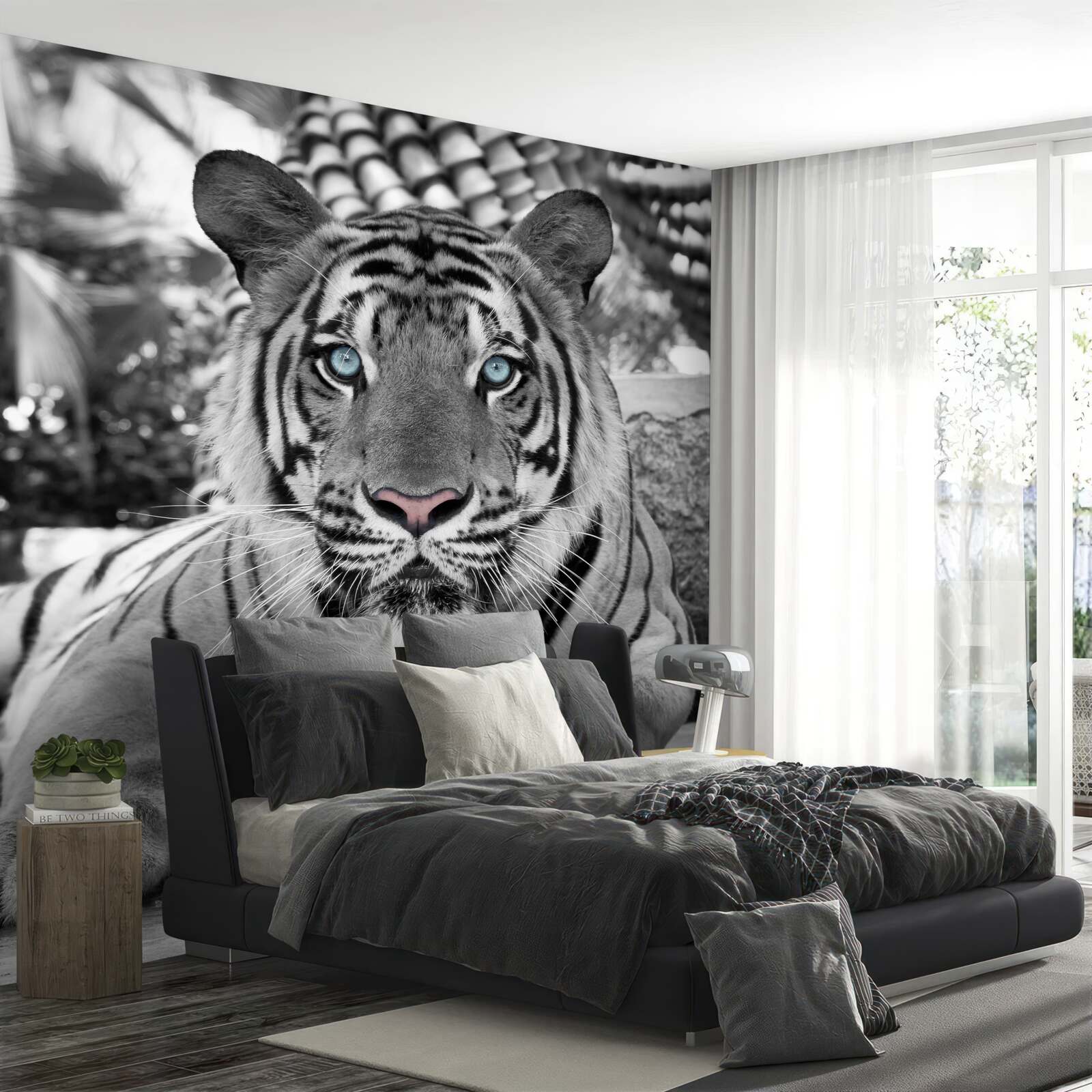 Fototapeta čiernobiely tiger s krásnymi modrými očami