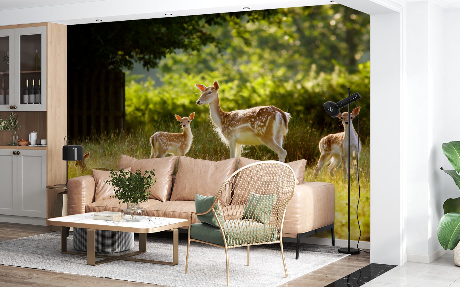 Fototapeta Na poli sa pasie skupina jeleňov so škvrnitou srsťou