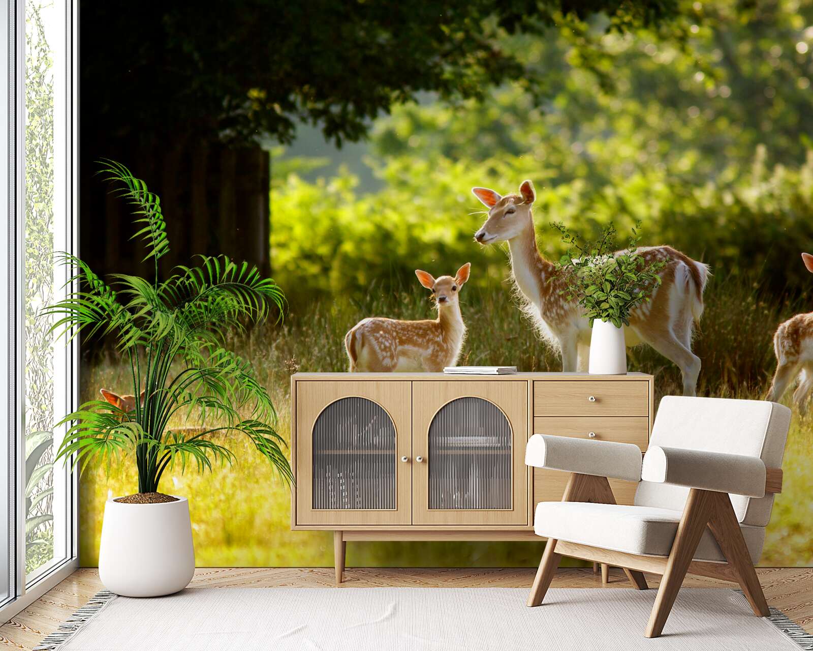 Fototapeta Na poli sa pasie skupina jeleňov so škvrnitou srsťou