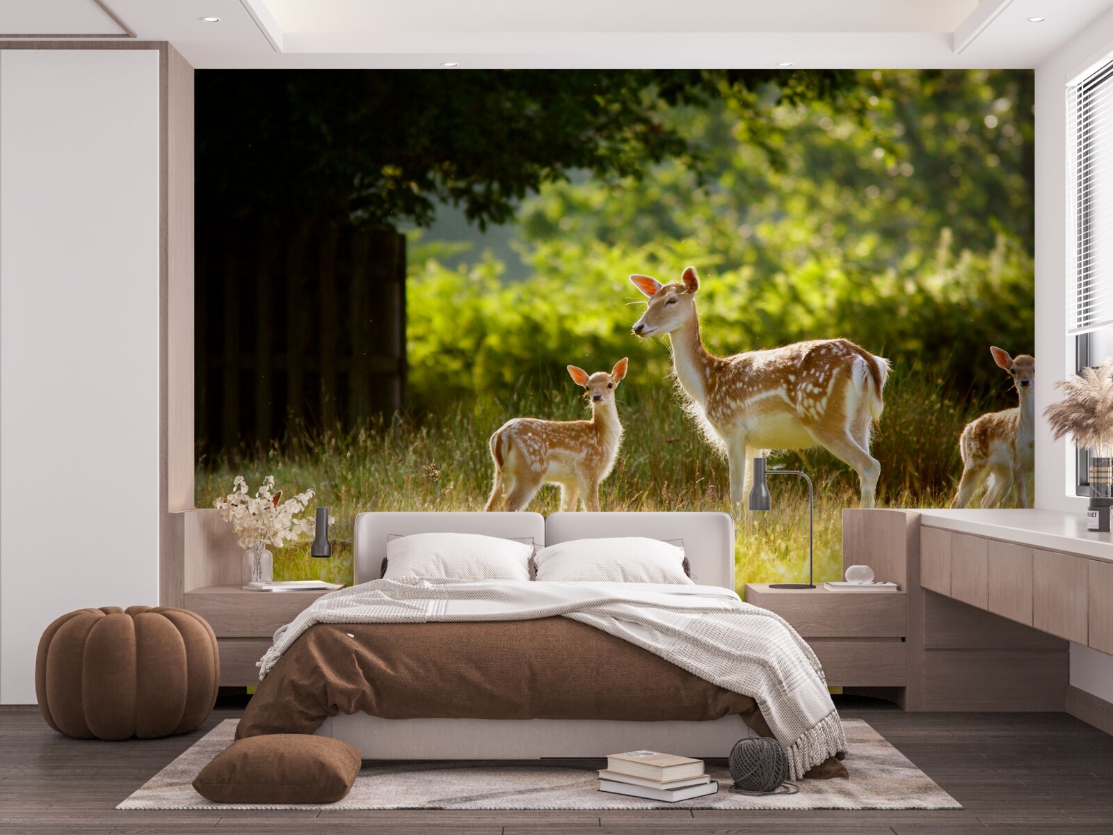 Fototapeta Na poli sa pasie skupina jeleňov so škvrnitou srsťou