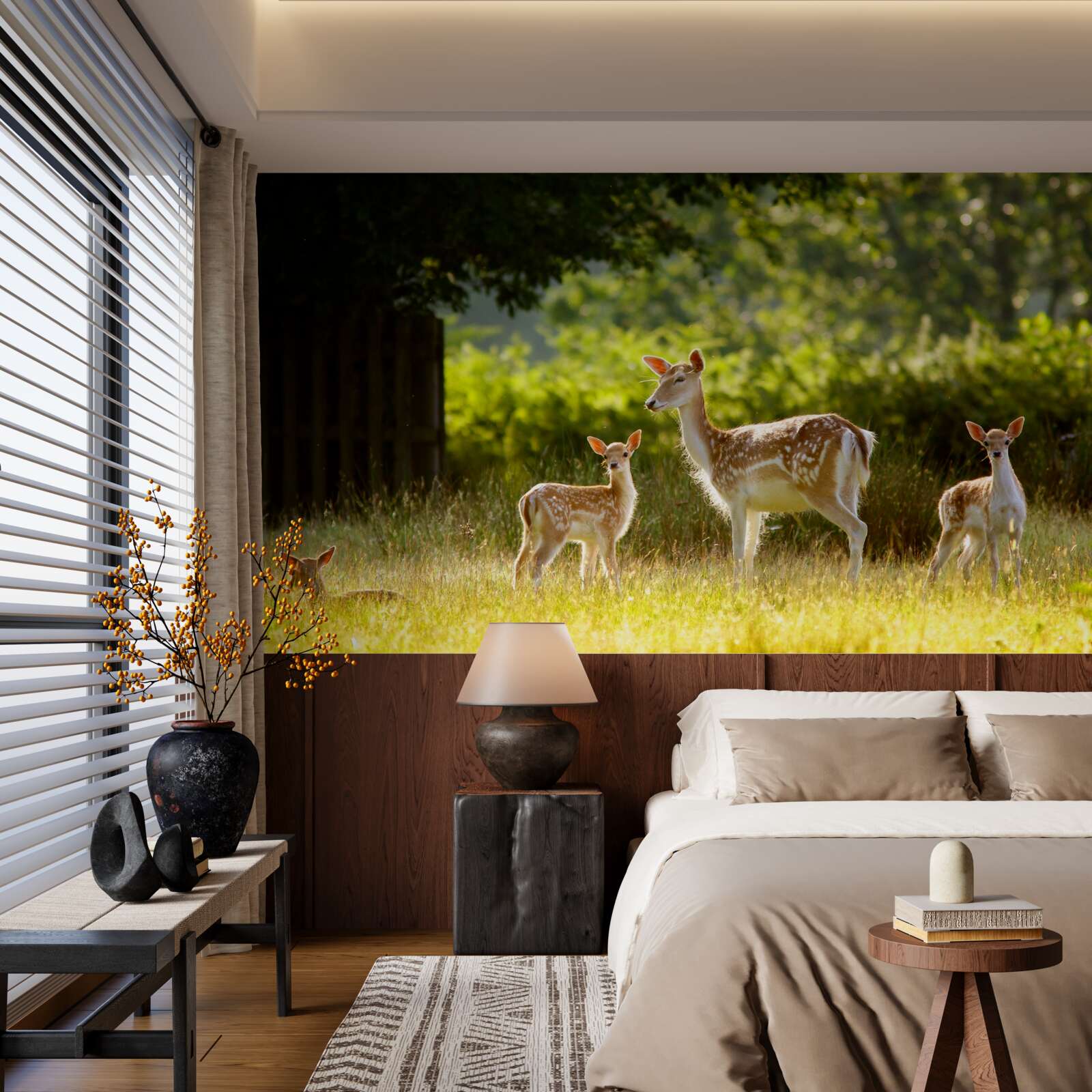 Fototapeta Na poli sa pasie skupina jeleňov so škvrnitou srsťou