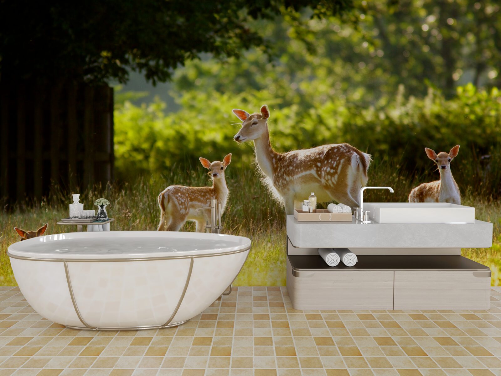 Fototapeta Na poli sa pasie skupina jeleňov so škvrnitou srsťou