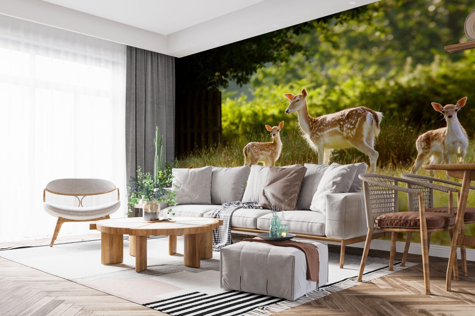 Fototapeta Na poli sa pasie skupina jeleňov so škvrnitou srsťou