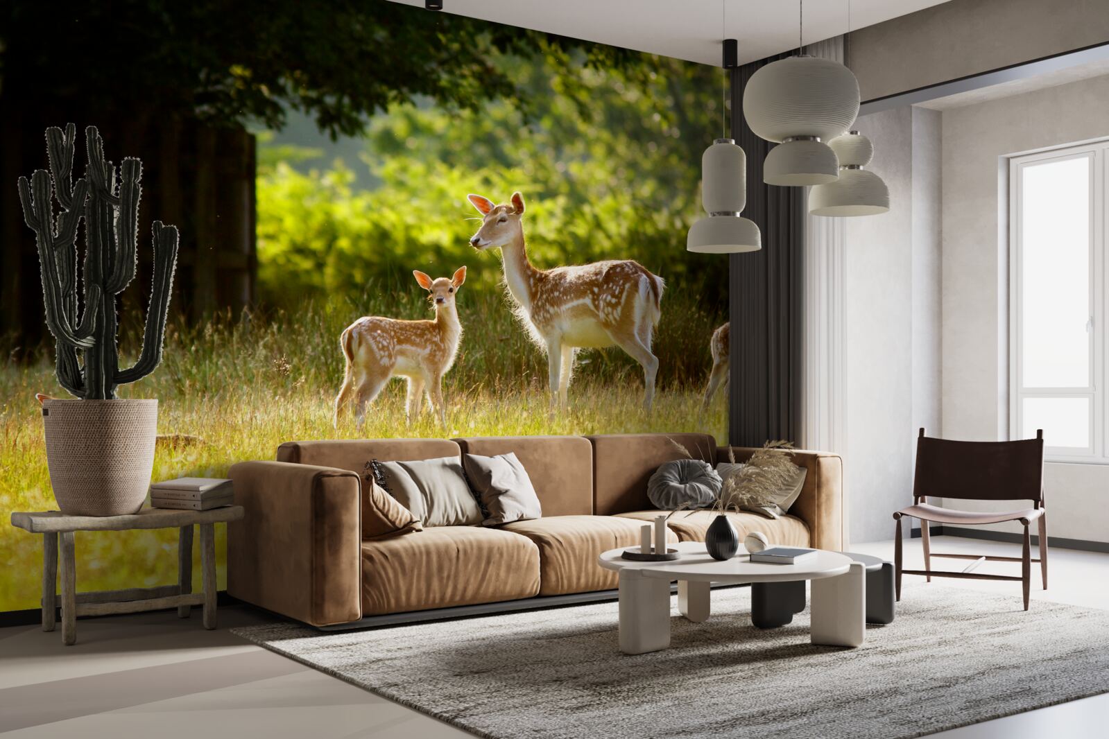 Fototapeta Na poli sa pasie skupina jeleňov so škvrnitou srsťou