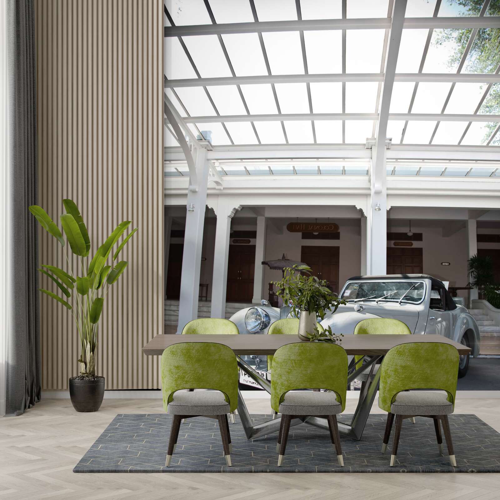 Fototapeta staré sivé auto pri budove