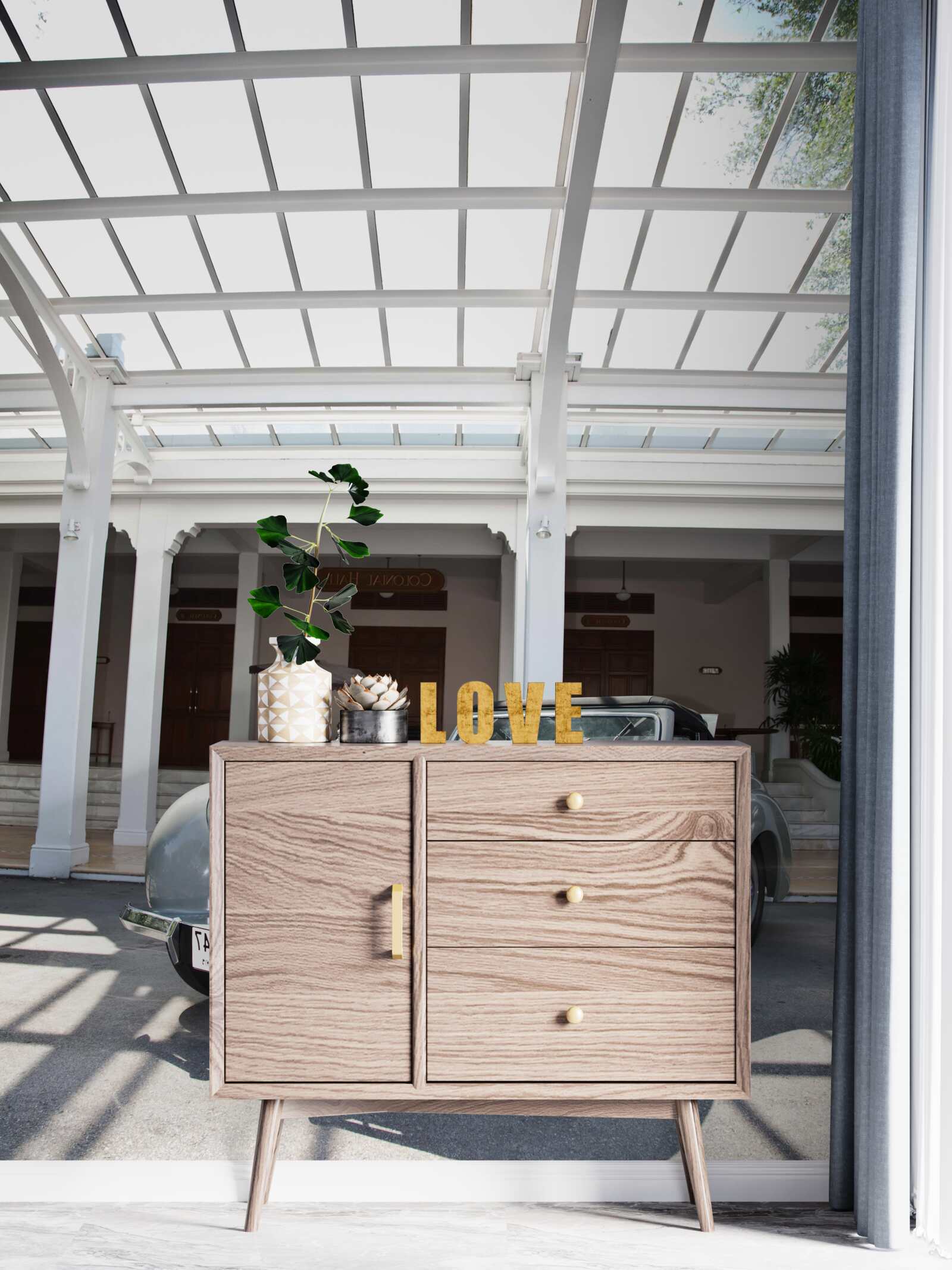 Fototapeta staré sivé auto pri budove