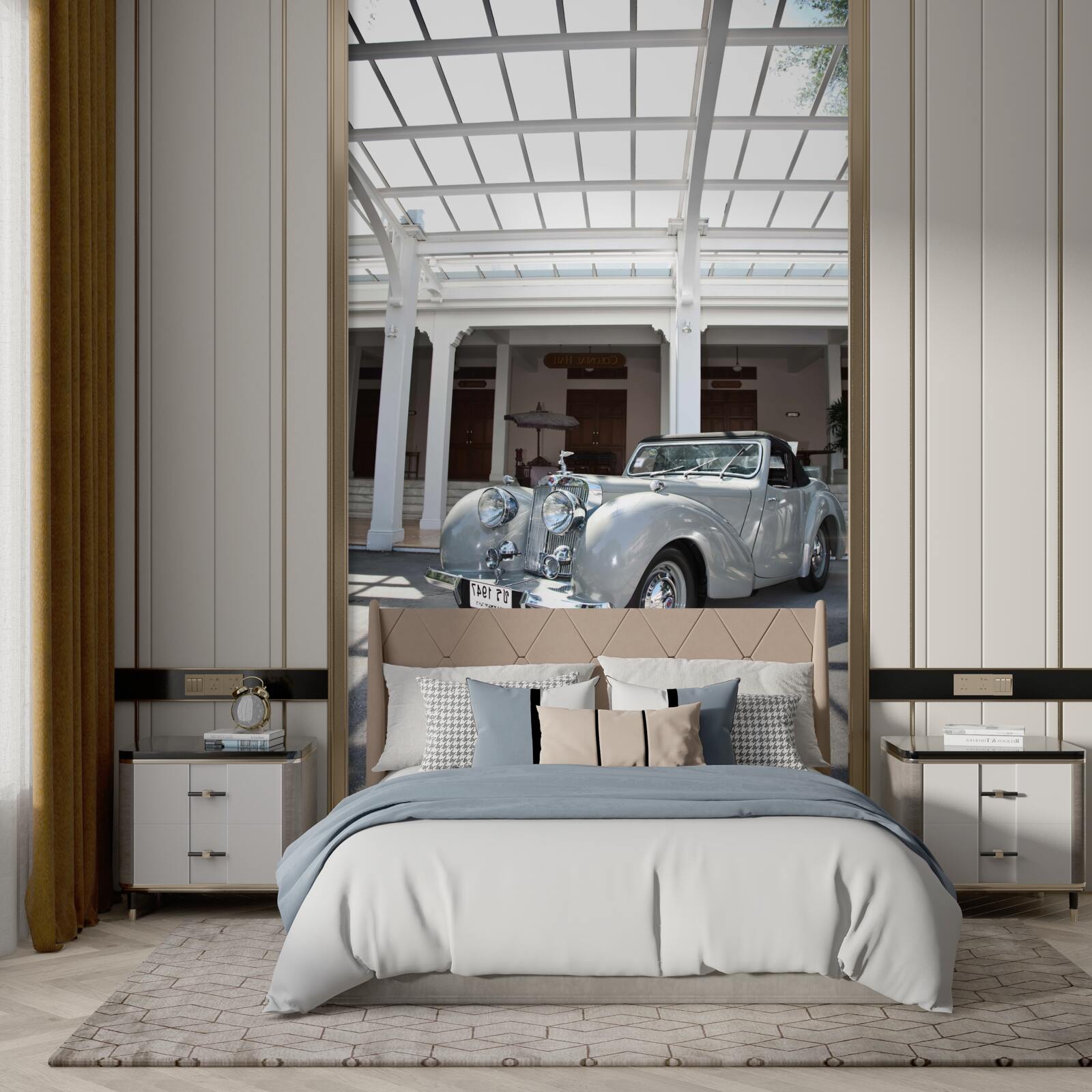 Fototapeta staré sivé auto pri budove