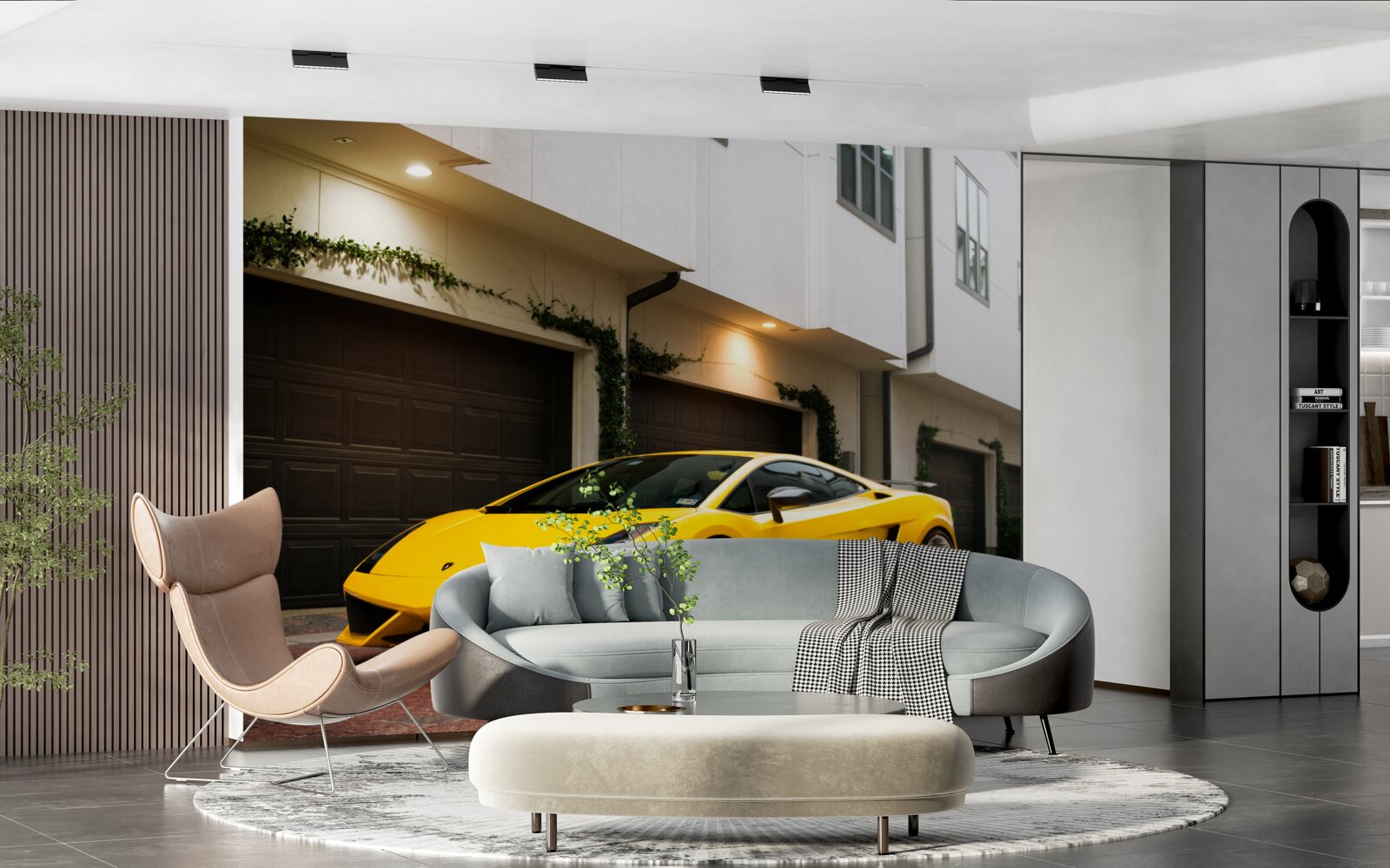 Fototapeta štýlové žlté auto pri dome