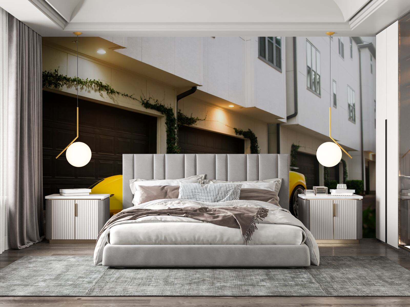 Fototapeta štýlové žlté auto pri dome