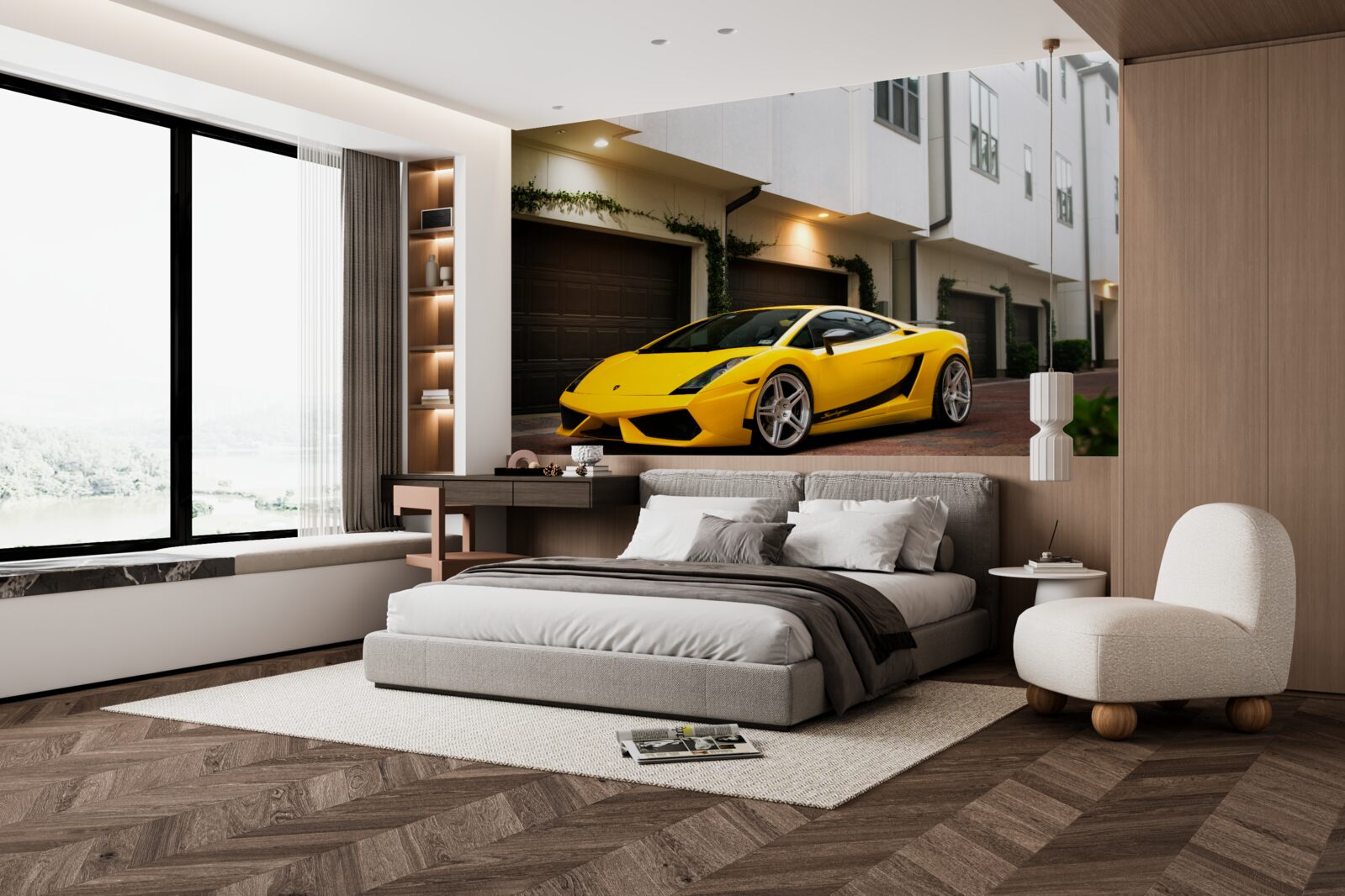 Fototapeta štýlové žlté auto pri dome