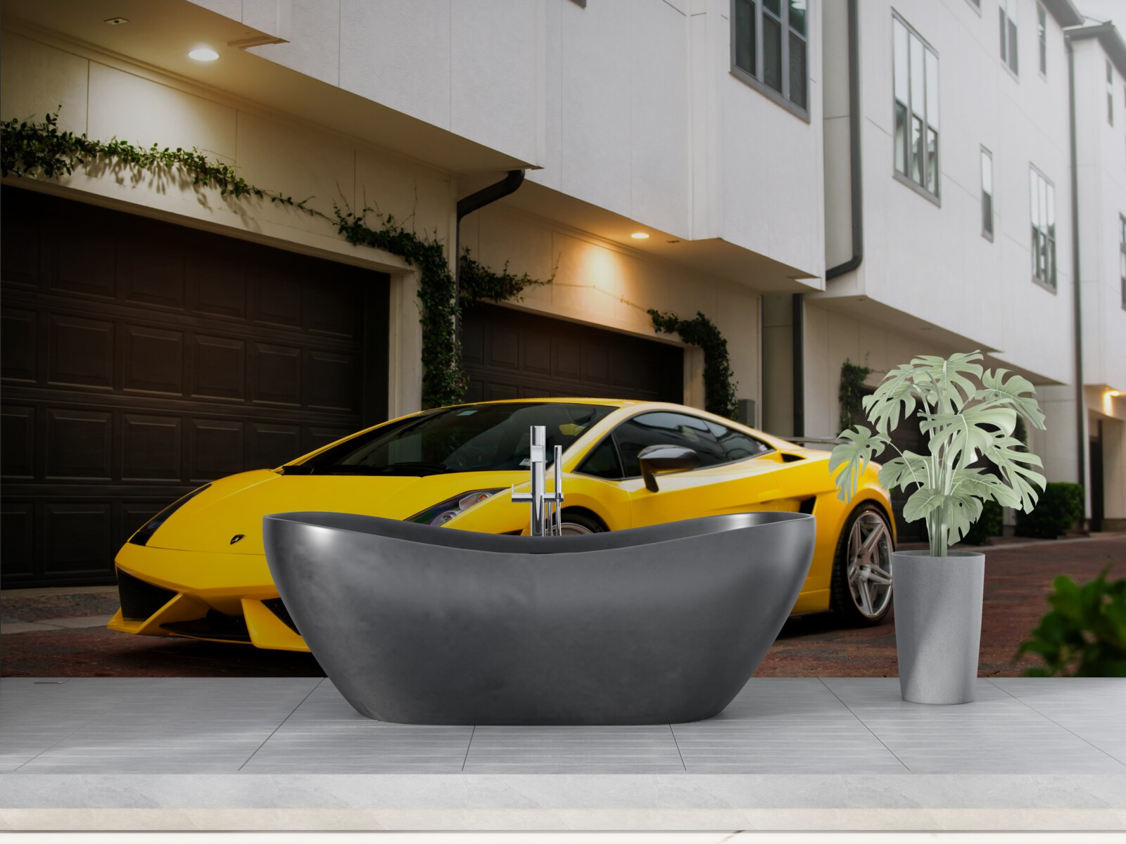 Fototapeta štýlové žlté auto pri dome