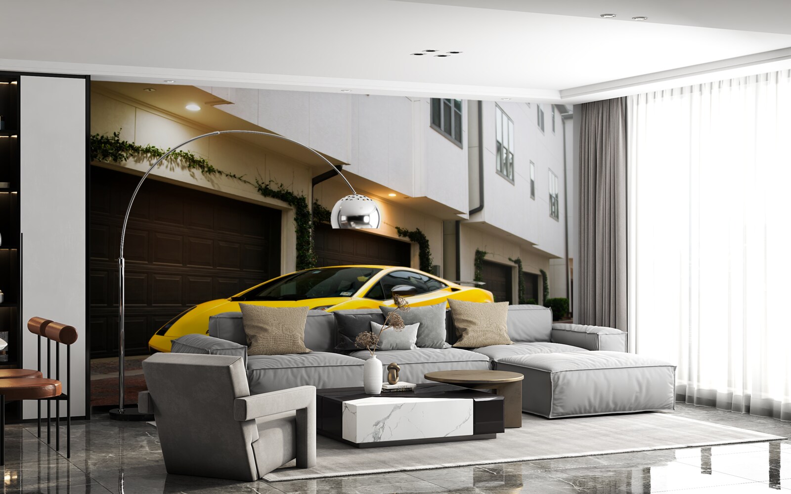 Fototapeta štýlové žlté auto pri dome