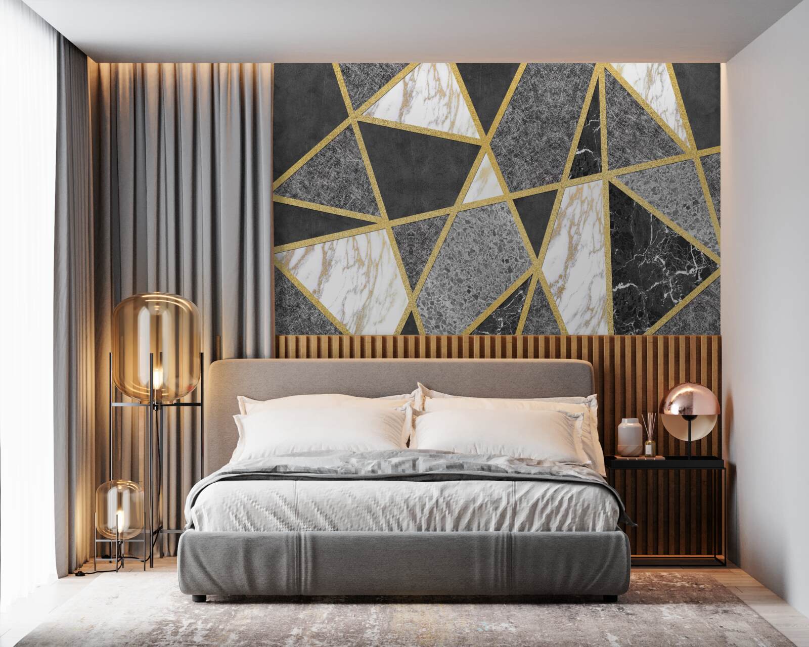 Fototapeta čiernobiela mozaika so zlatými akcentmi