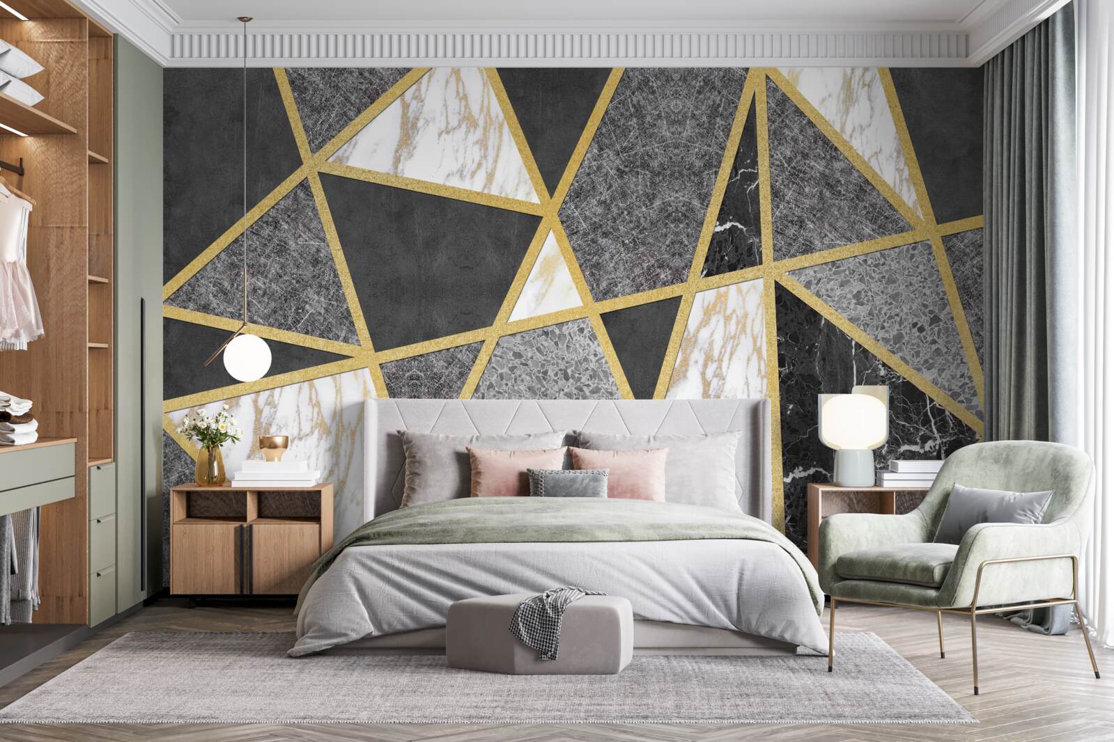 Fototapeta čiernobiela mozaika so zlatými akcentmi