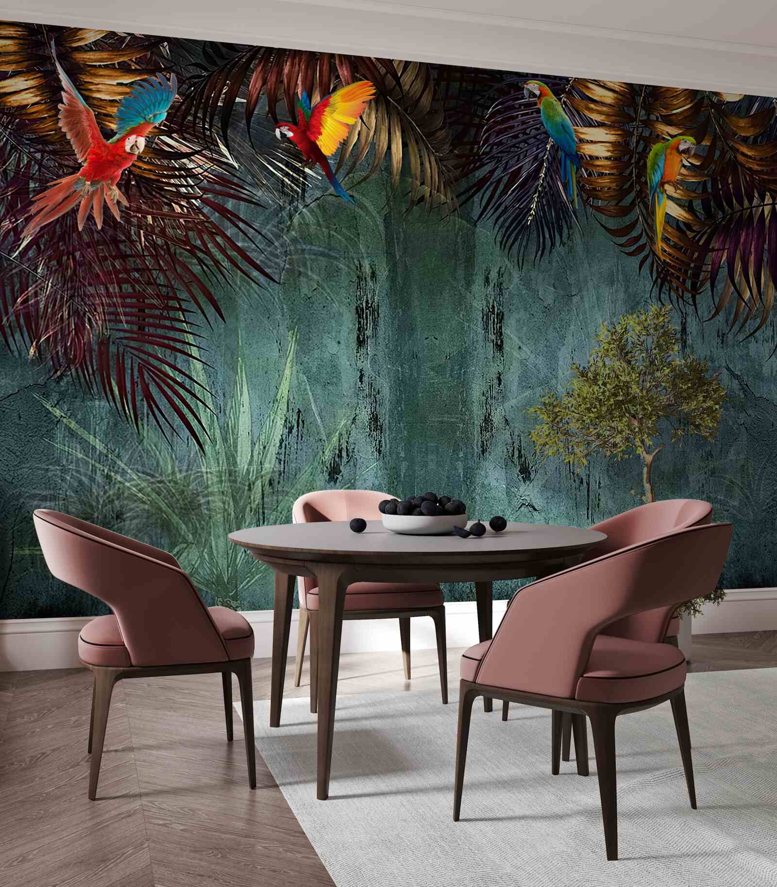 Fototapeta večer papagáje sedia na tropických listoch