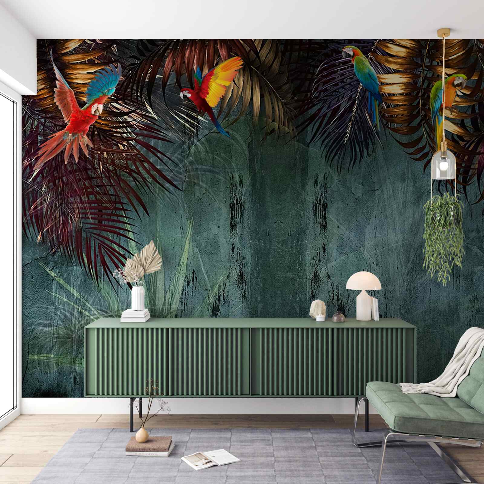 Fototapeta večer papagáje sedia na tropických listoch