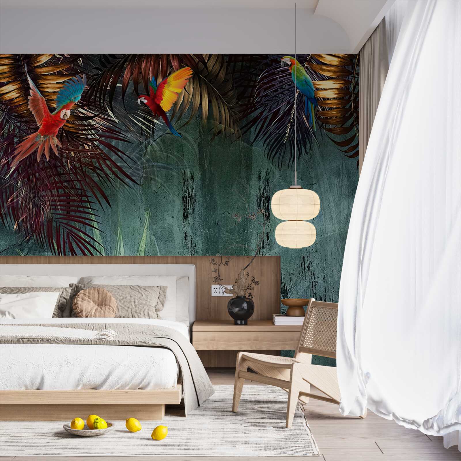 Fototapeta večer papagáje sedia na tropických listoch