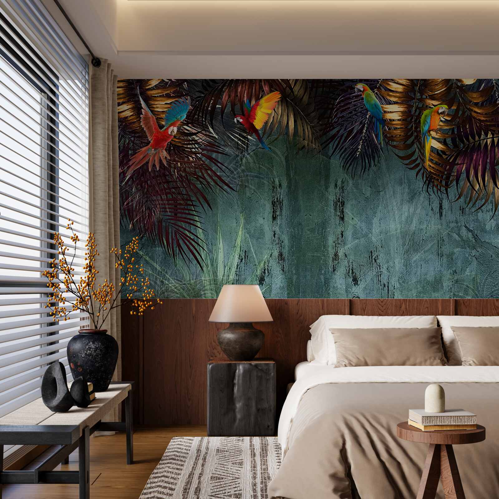 Fototapeta večer papagáje sedia na tropických listoch