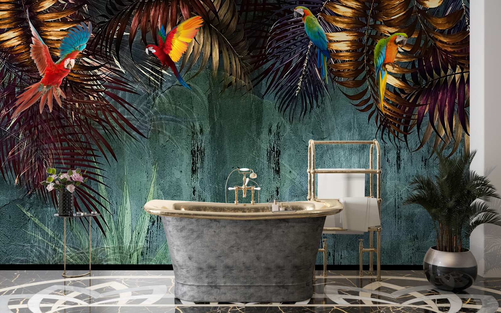 Fototapeta večer papagáje sedia na tropických listoch