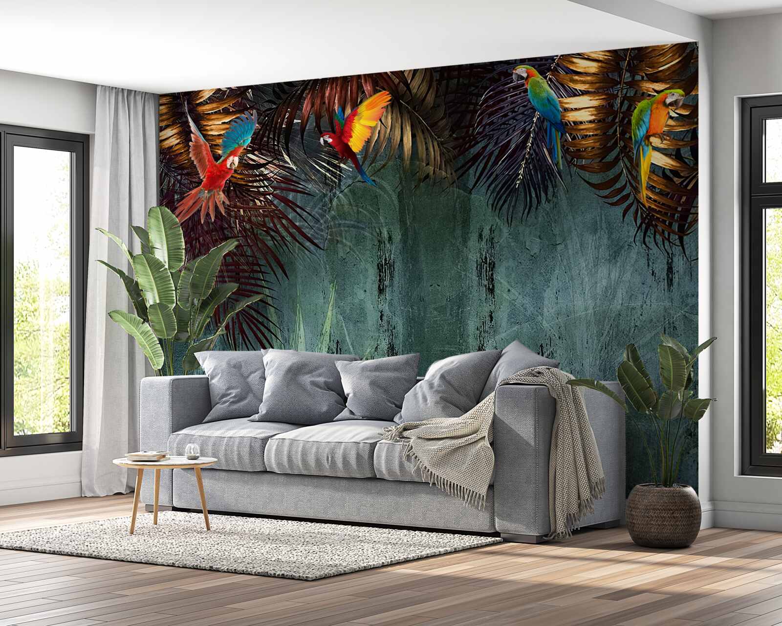 Fototapeta večer papagáje sedia na tropických listoch