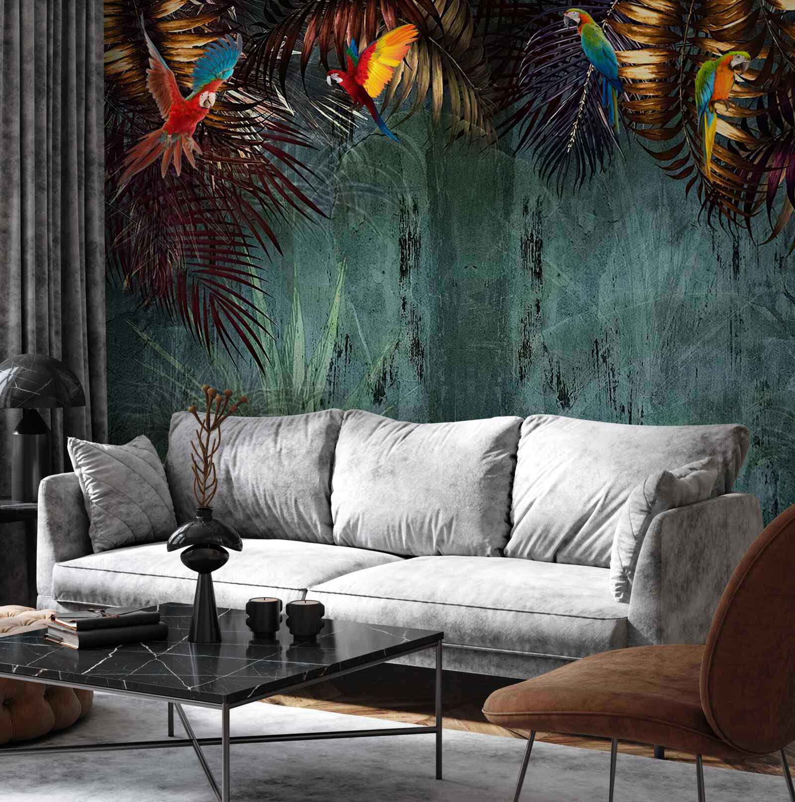 Fototapeta večer papagáje sedia na tropických listoch