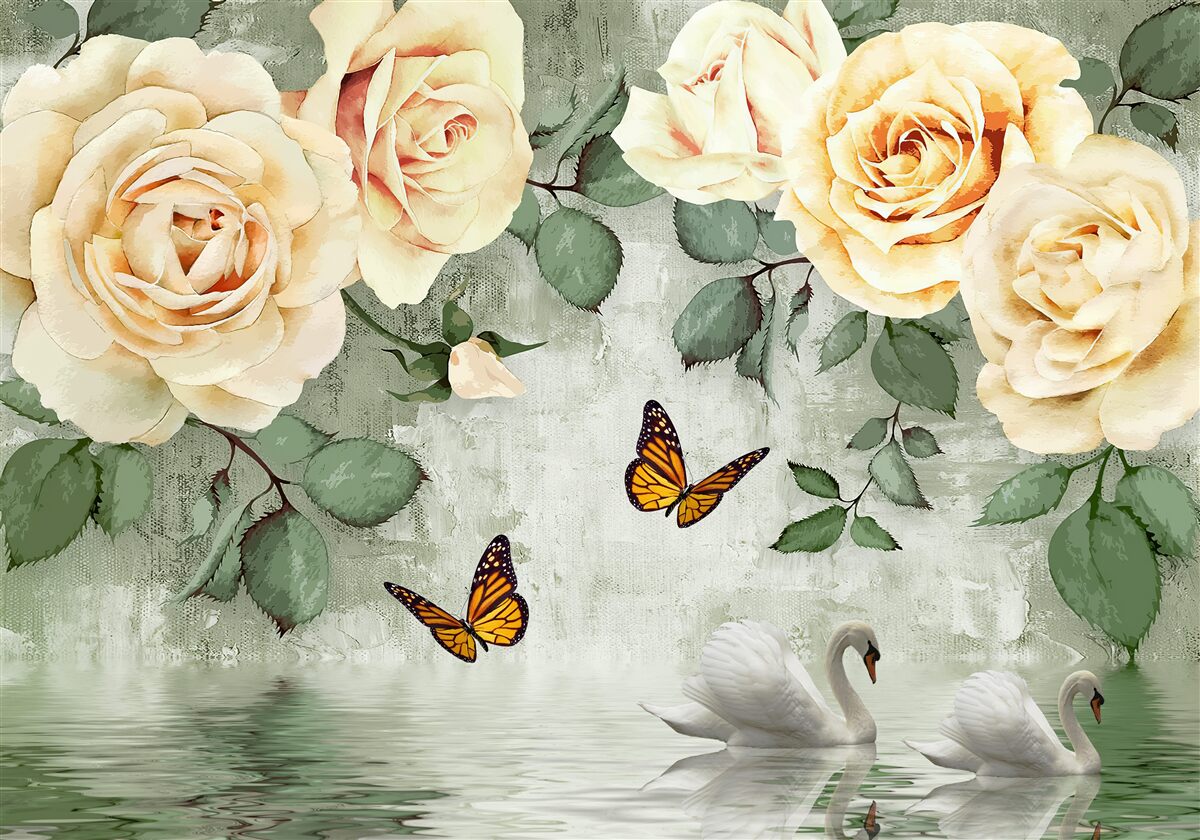 Fototapeta krémové ruže s motýľmi v blízkosti