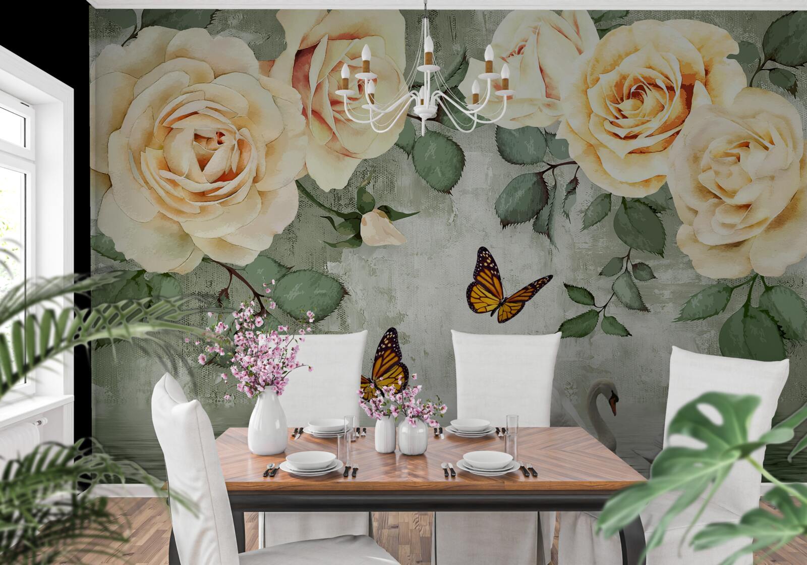 Fototapeta krémové ruže s motýľmi v blízkosti