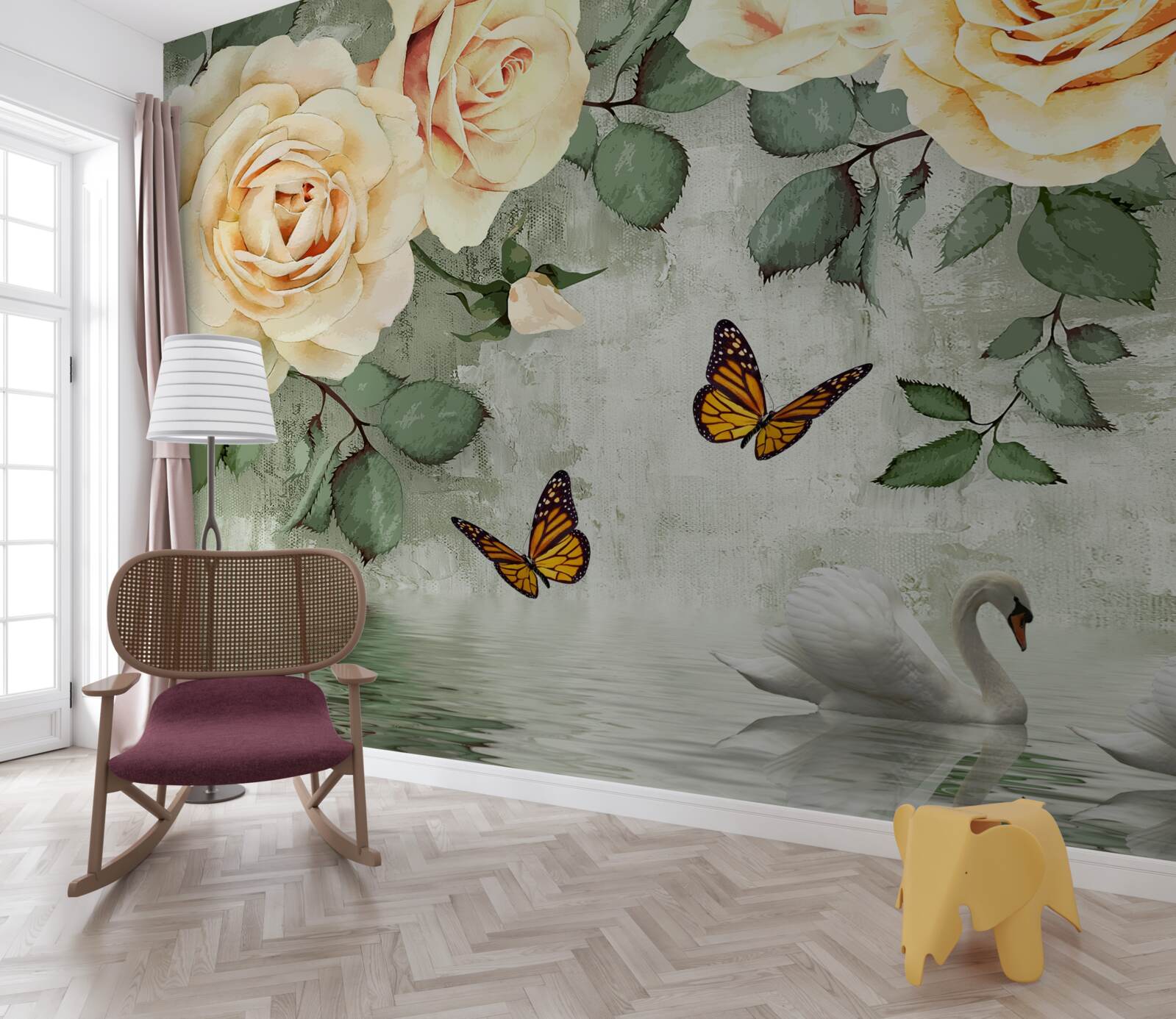 Fototapeta krémové ruže s motýľmi v blízkosti