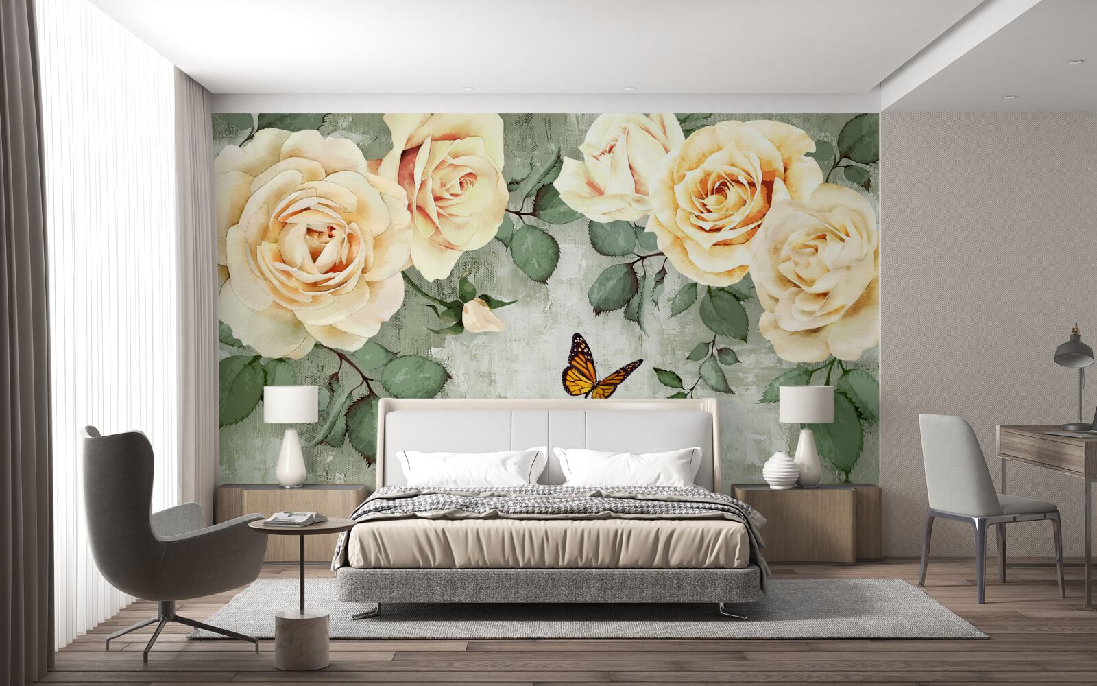 Fototapeta krémové ruže s motýľmi v blízkosti